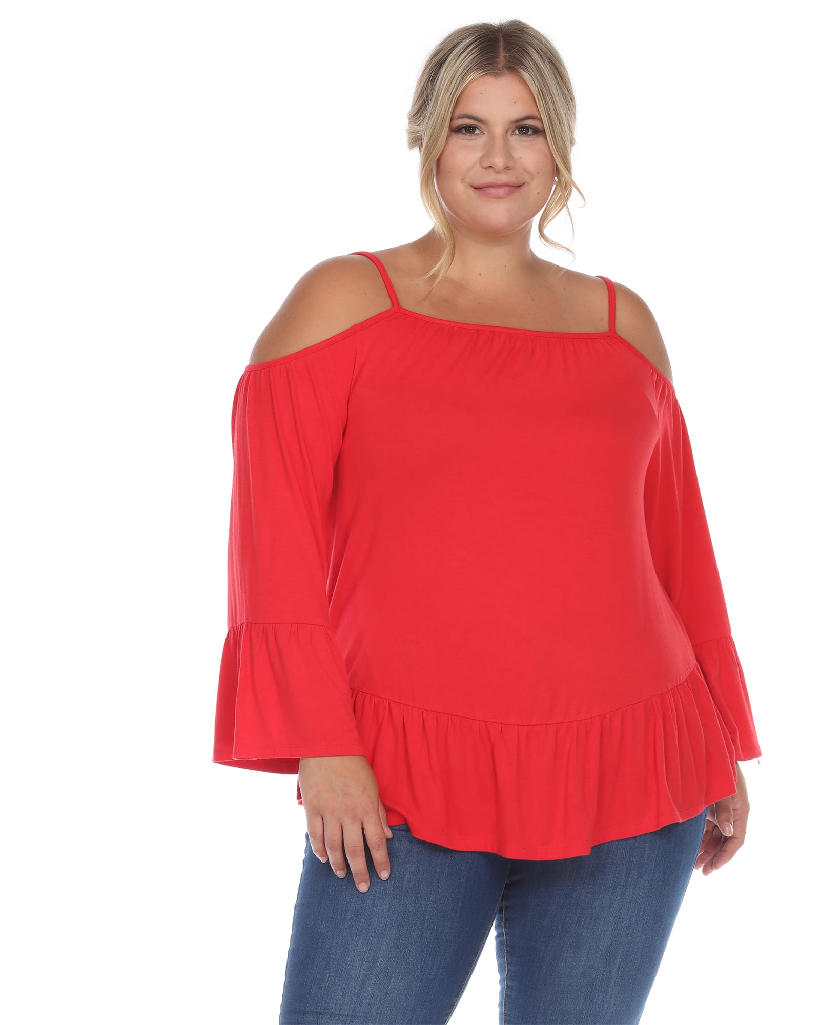 Cold Shoulder Ruffle Sleeve Top | Red