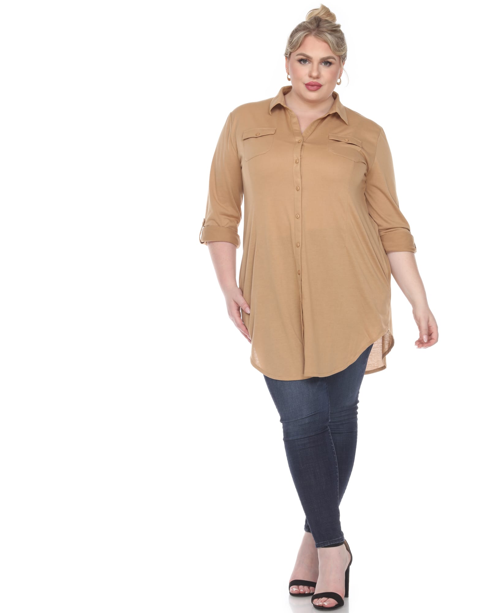 Stretchy Button Down Tunic Top | Camel
