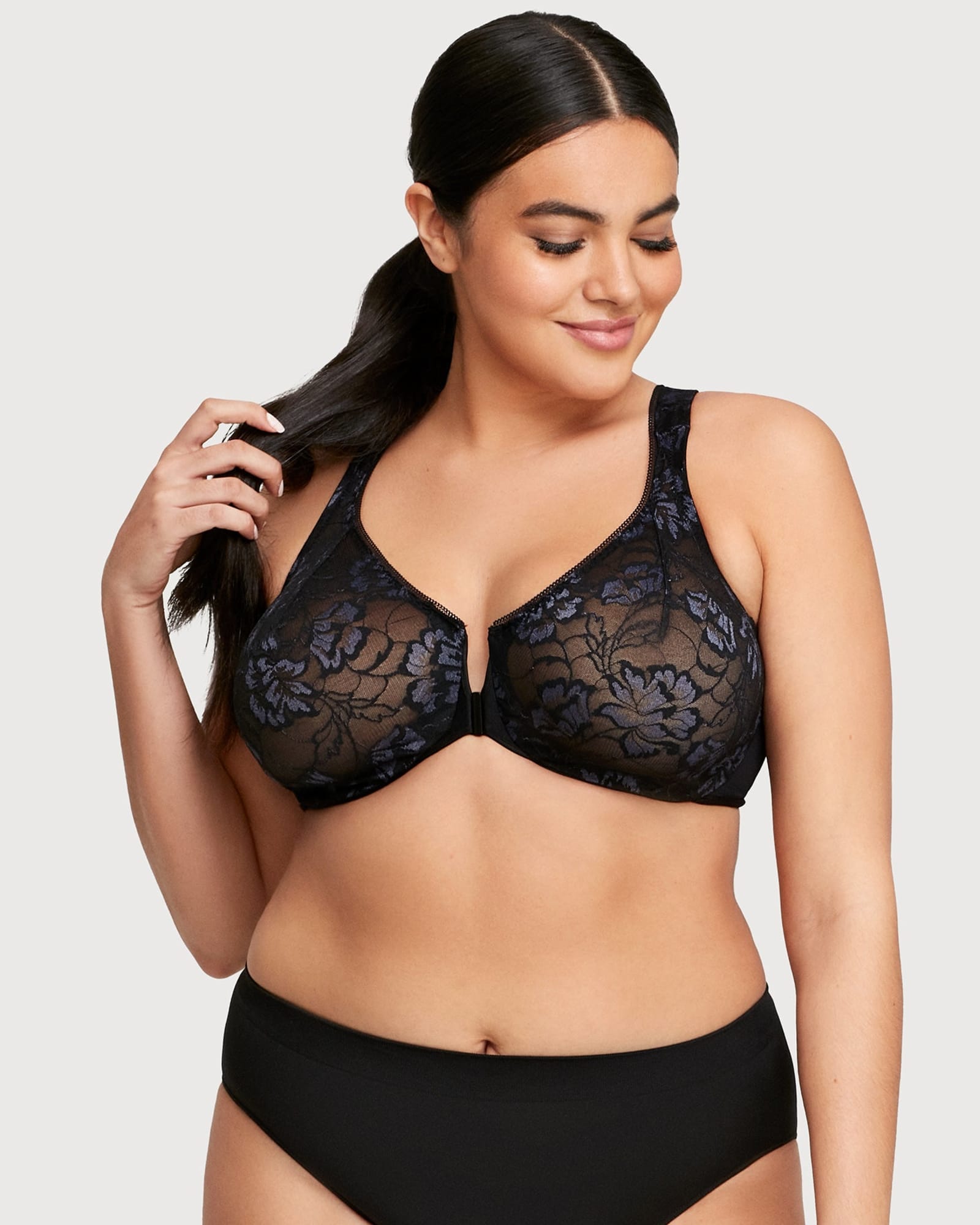 WonderWire Front-Closure Stretch Lace Bra Black