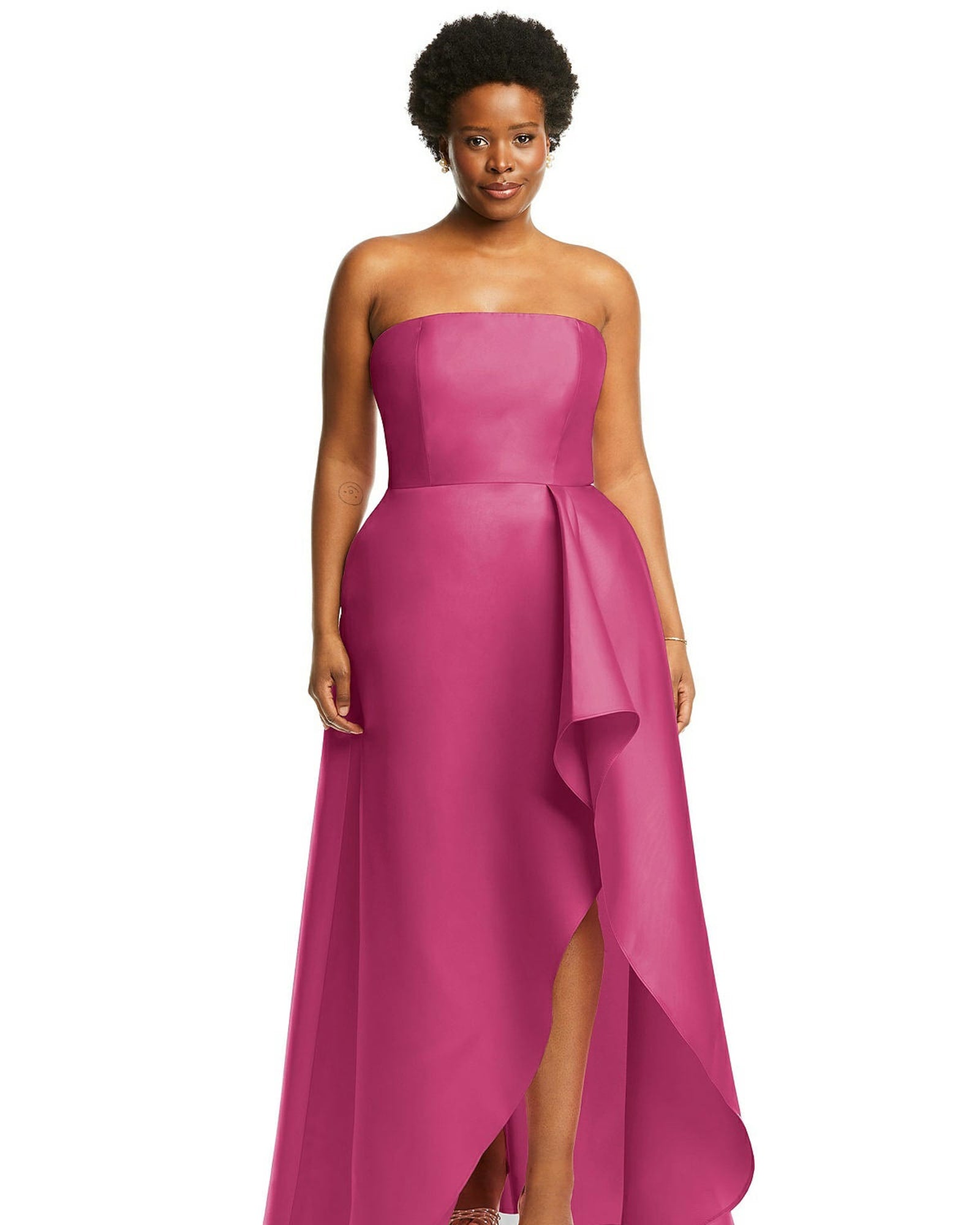 Strapless Satin Gown with Draped Front Slit and Pockets | Tea Rose