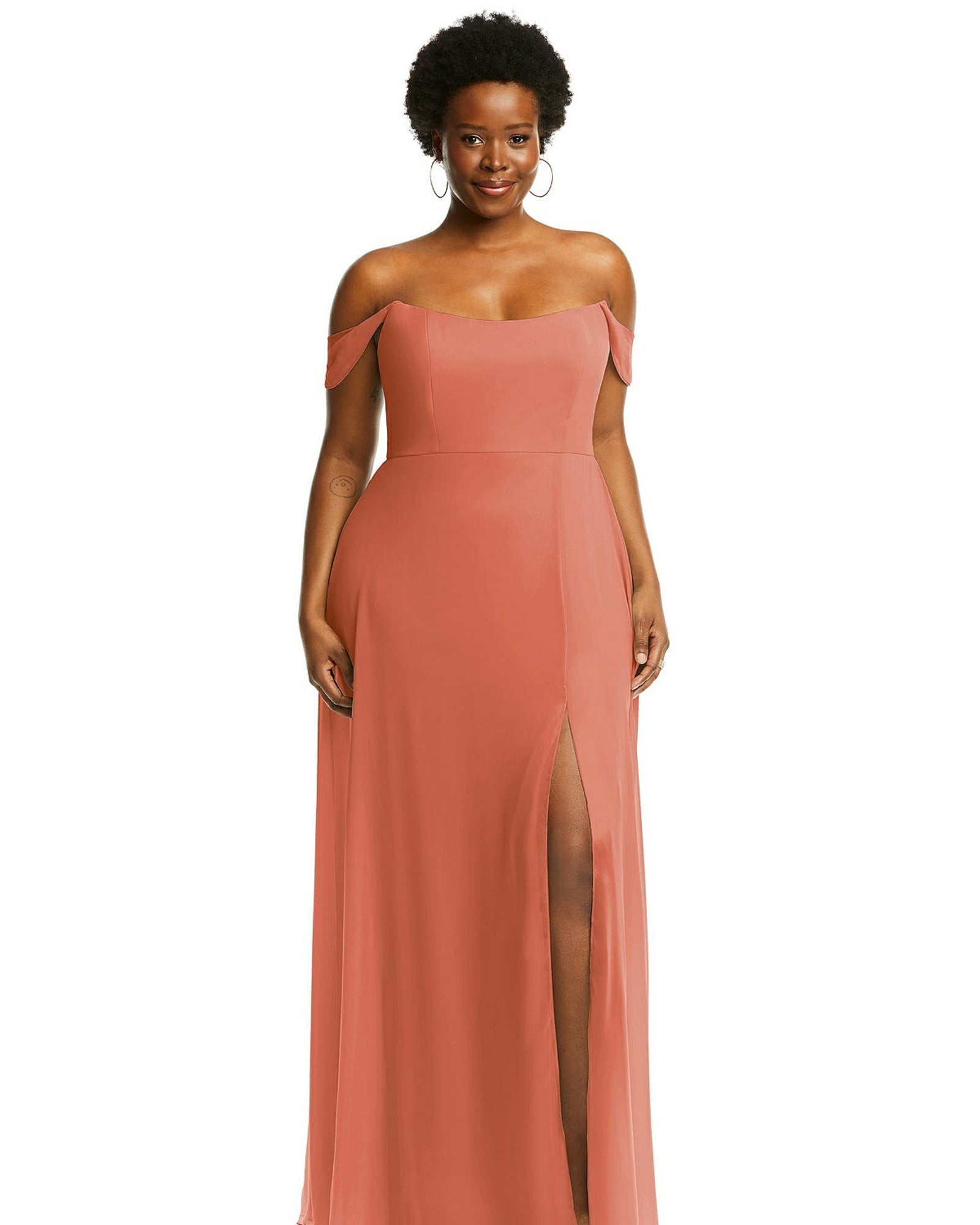 Off-the-Shoulder Basque Neck Maxi Dress with Flounce Sleeves | Terracotta Copper