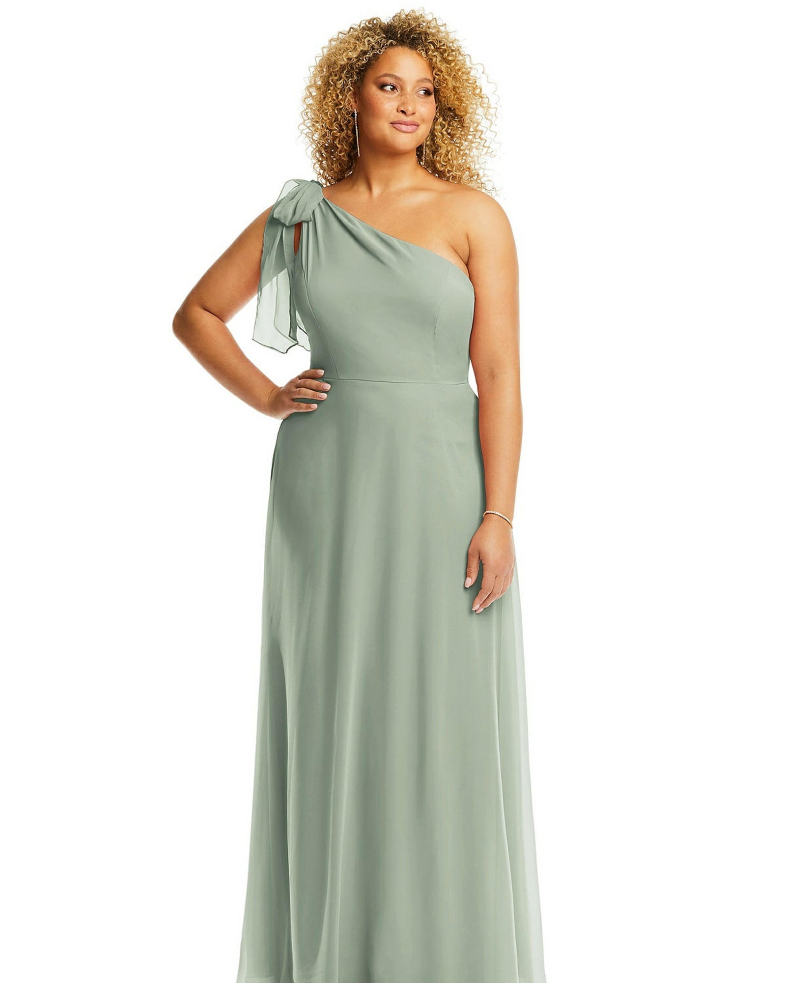 Draped One-Shoulder Maxi Dress with Scarf Bow | Willow Green