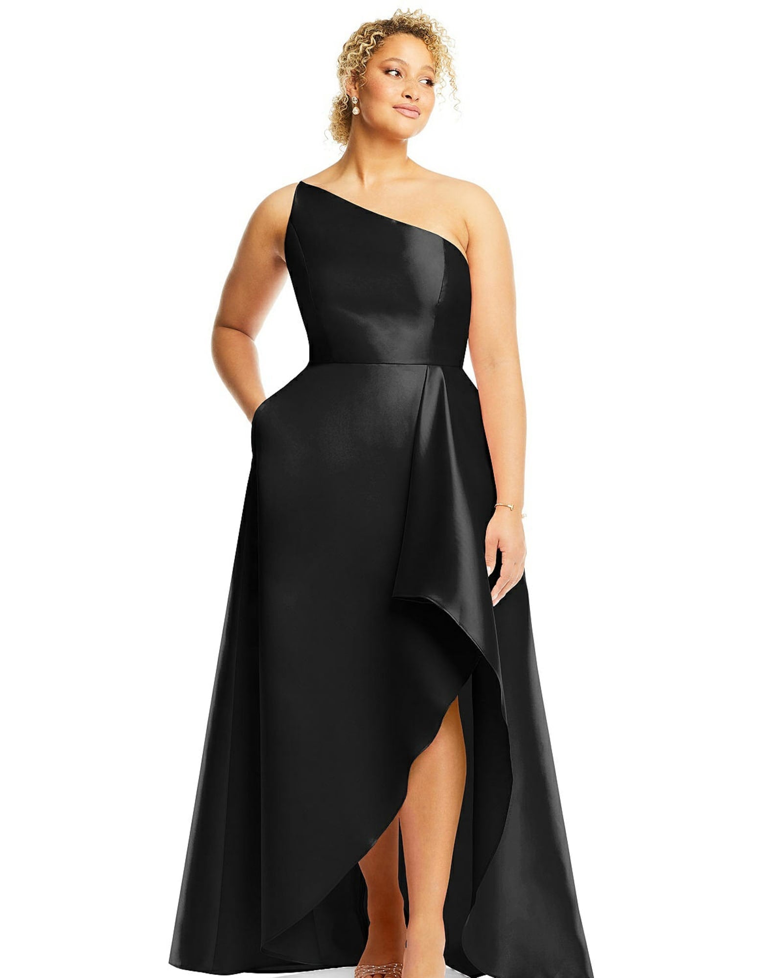 One-Shoulder Satin Gown with Draped Front Slit and Pockets | Black