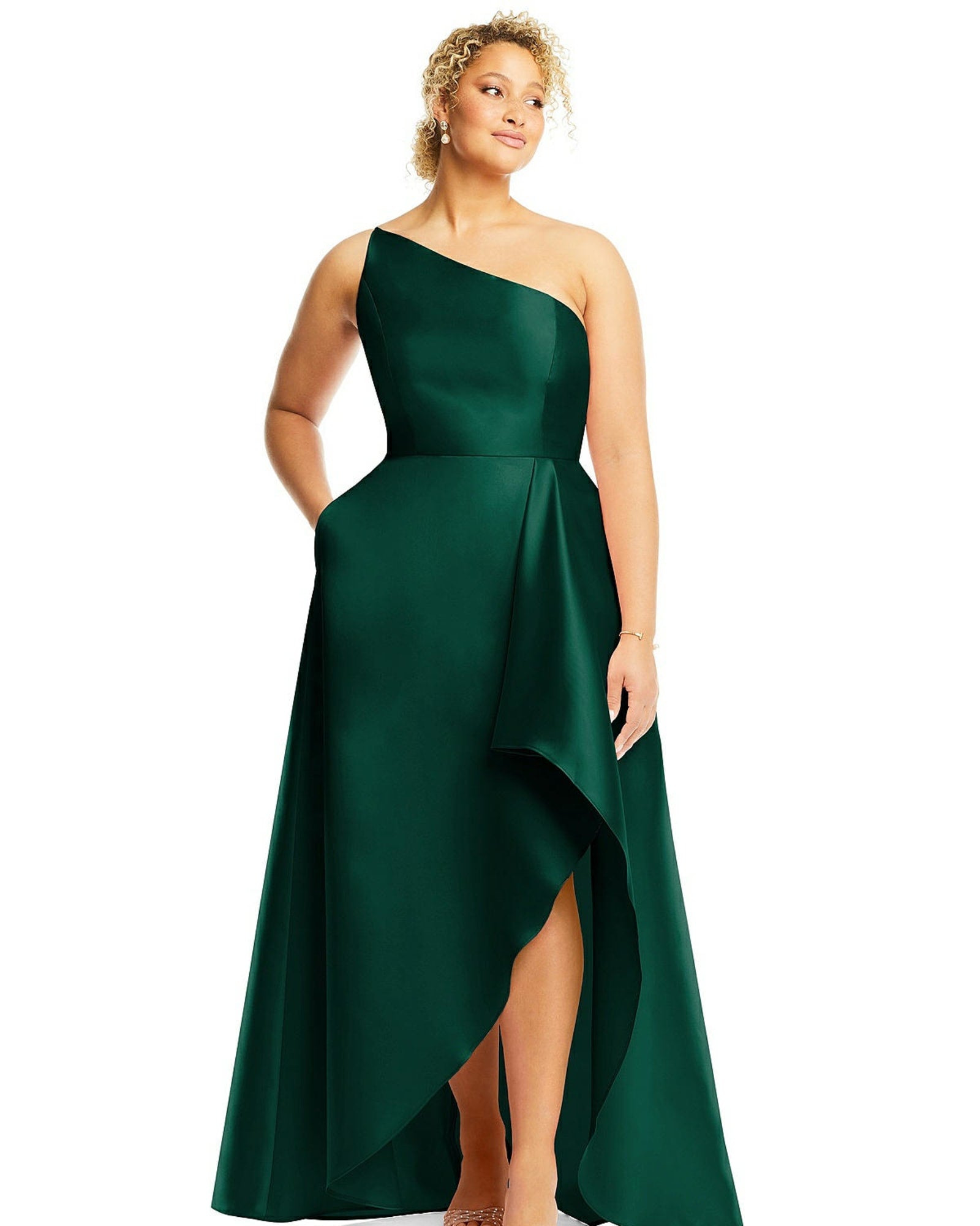 One-Shoulder Satin Gown with Draped Front Slit and Pockets | Hunter Green