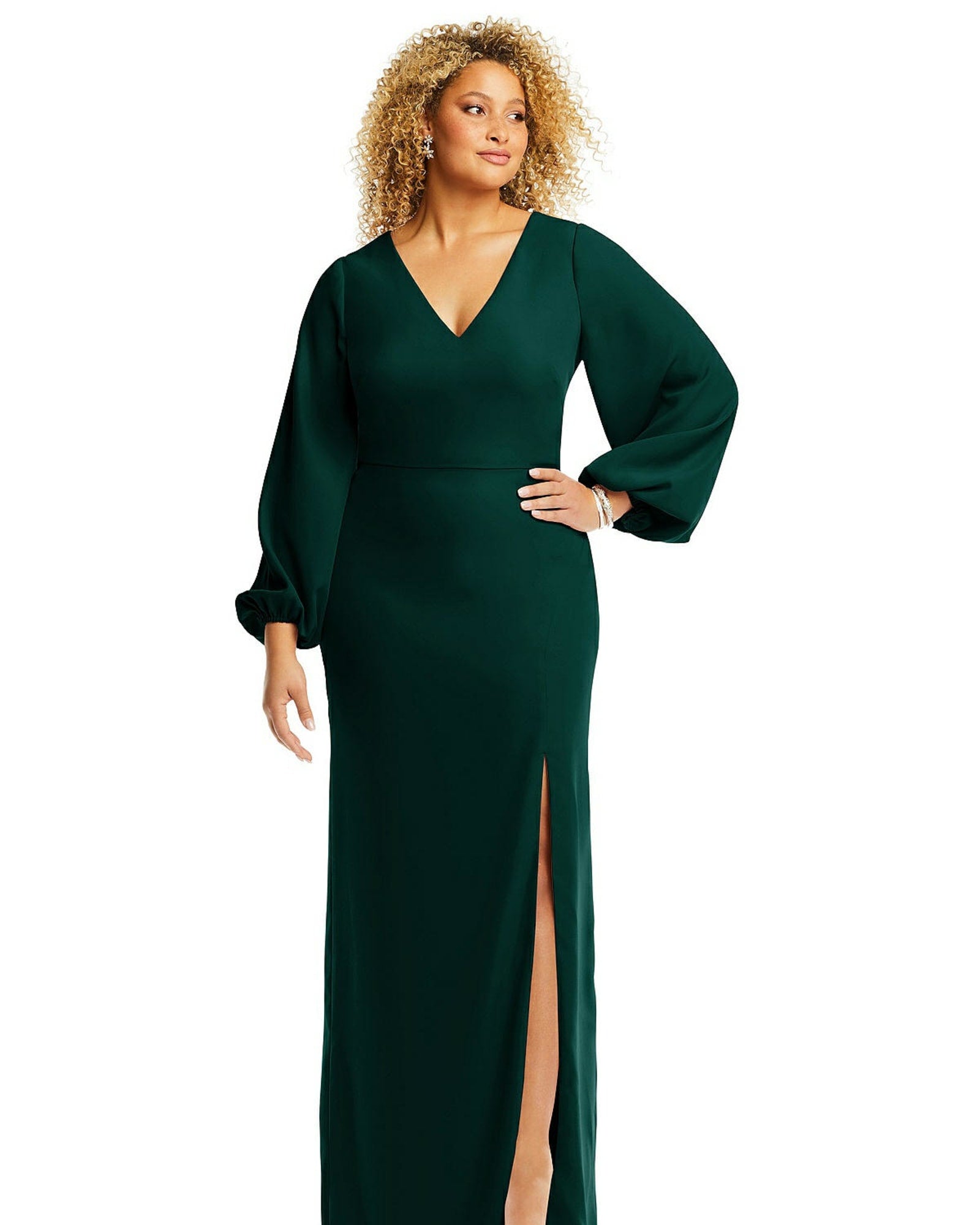 Long Puff Sleeve V-Neck Trumpet Gown | Evergreen