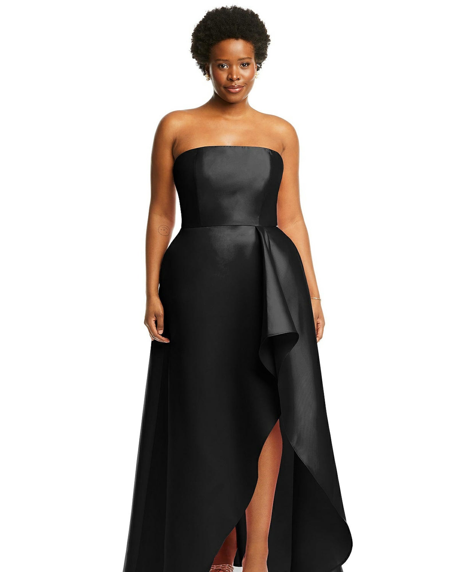 Strapless Satin Gown with Draped Front Slit and Pockets | Black