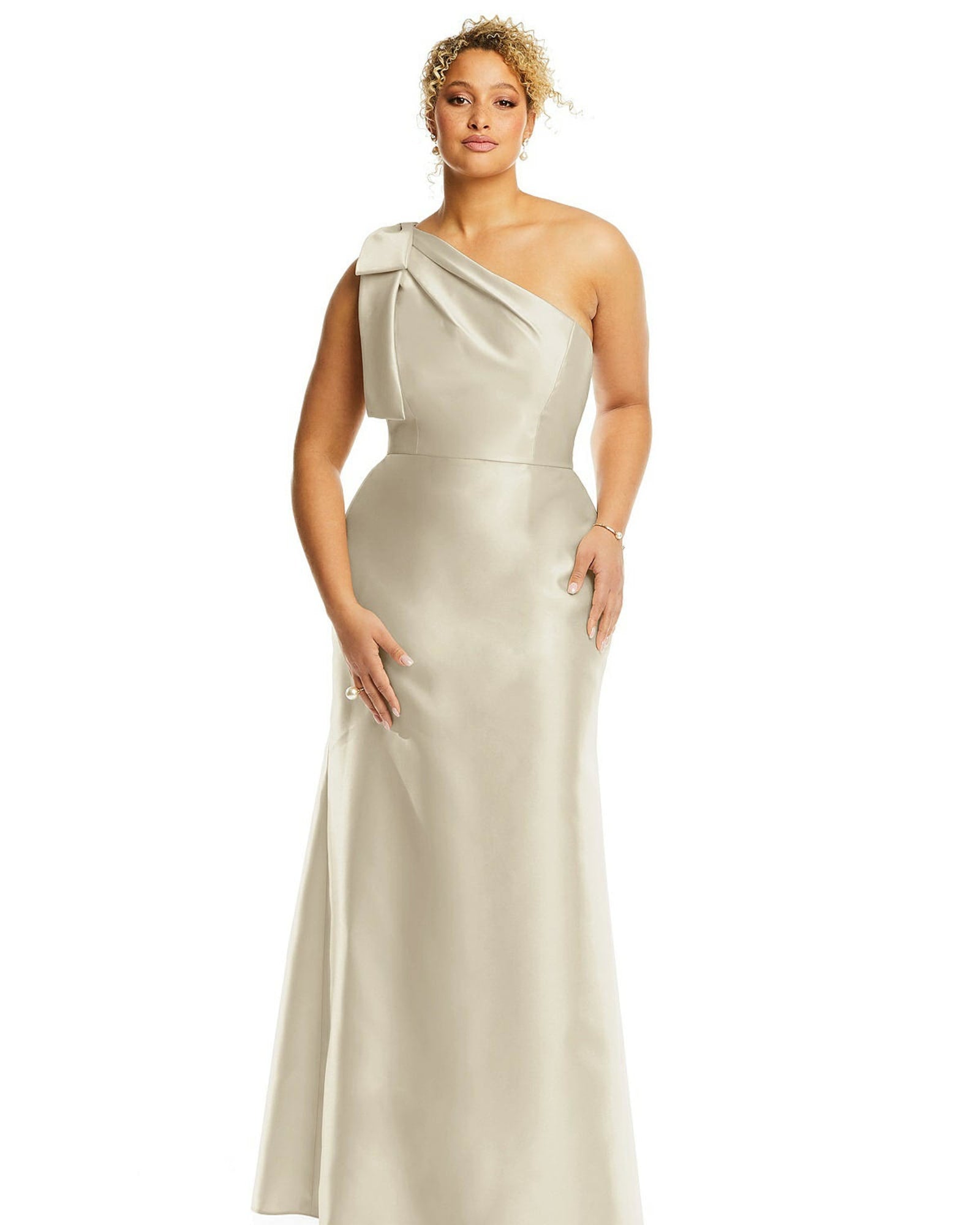 Bow One-Shoulder Satin Trumpet Gown | Champagne