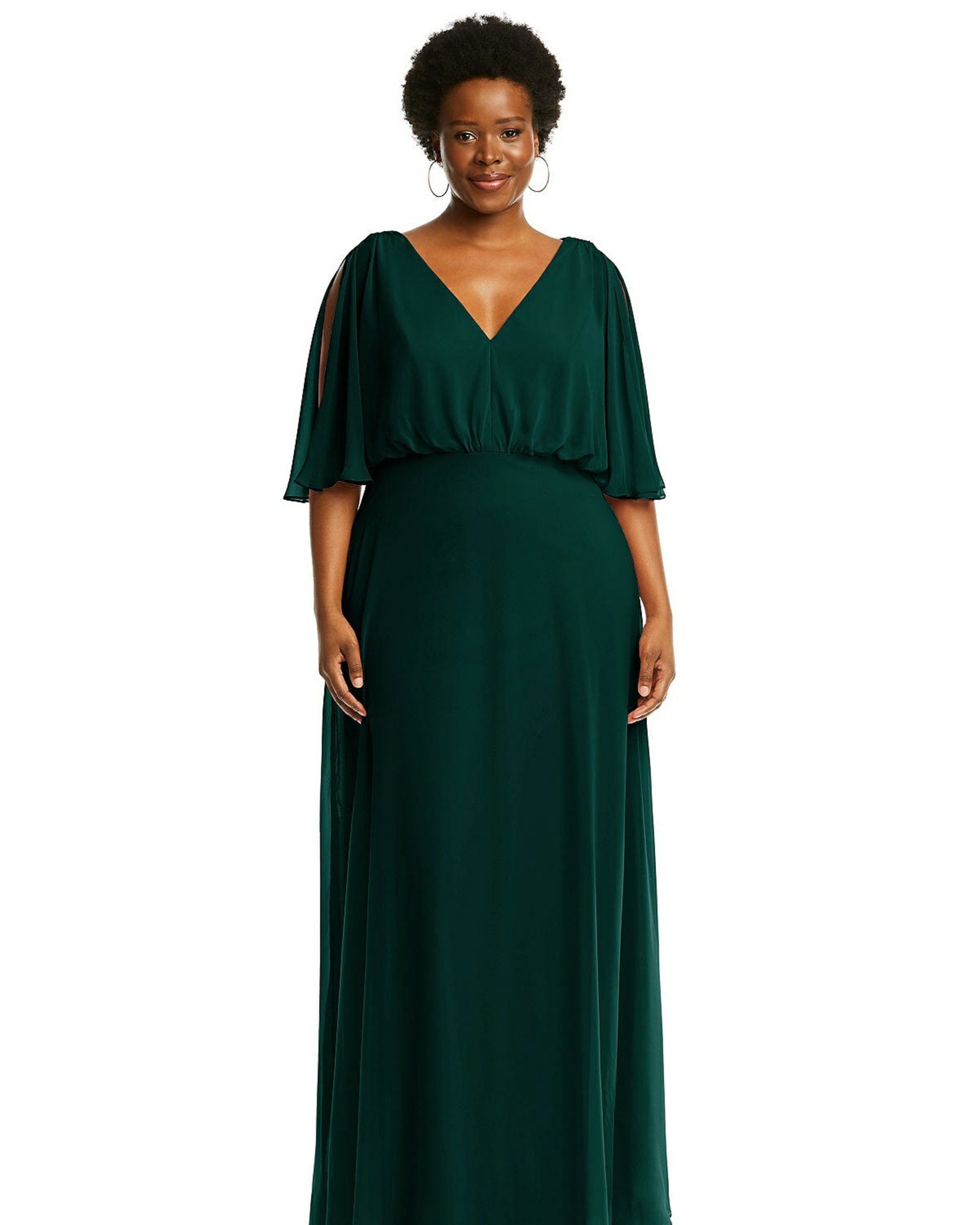 V-Neck Split Sleeve Blouson Bodice Maxi Dress | Evergreen