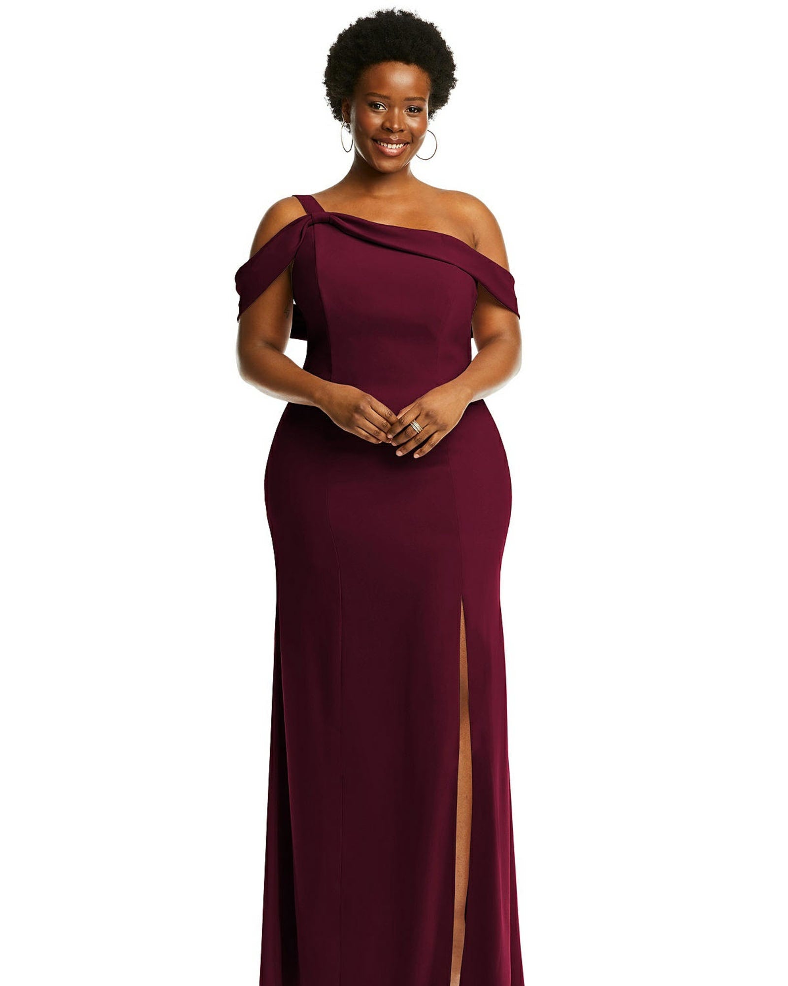 One-Shoulder Draped Cuff Maxi Dress with Front Slit | Cabernet