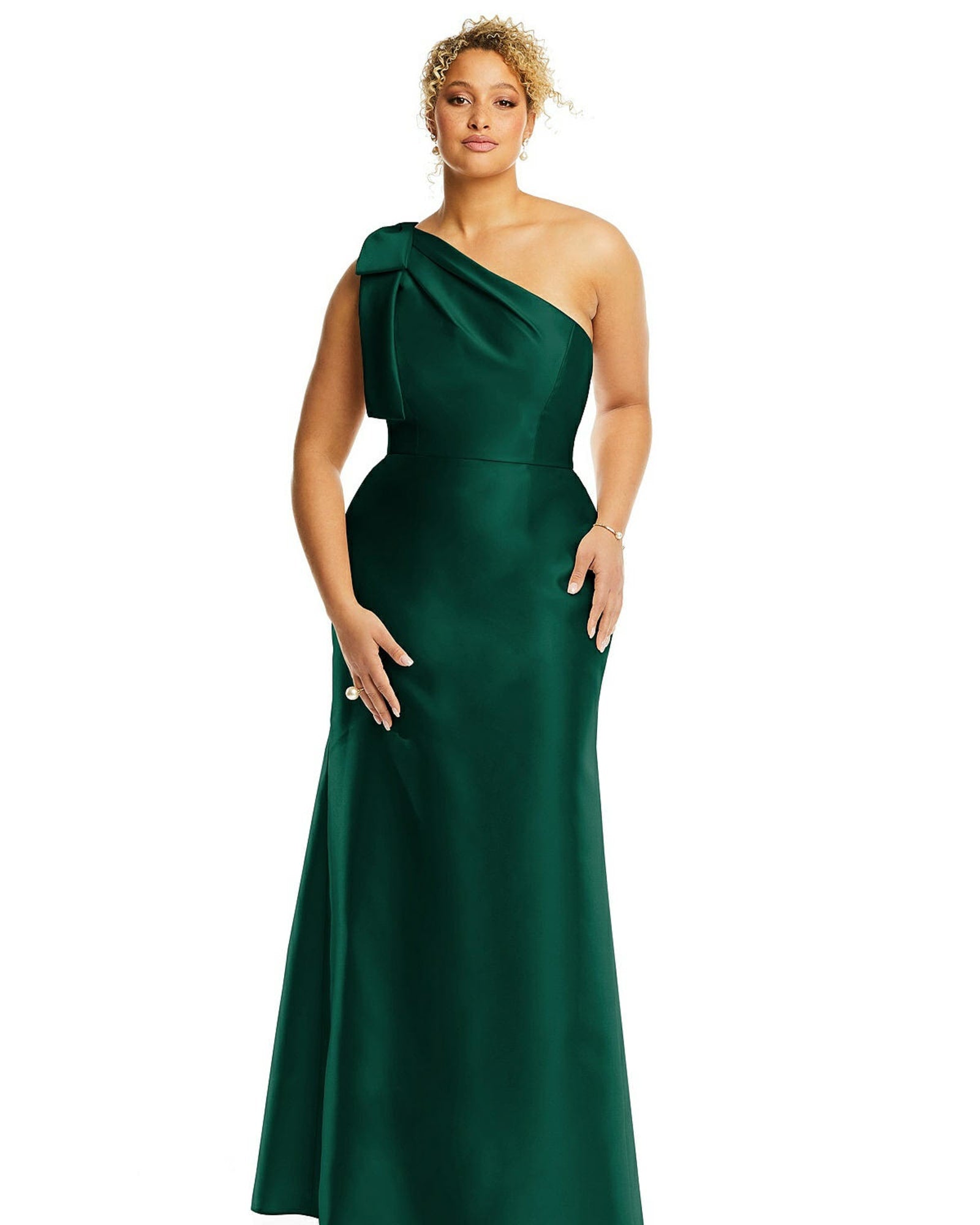 Bow One-Shoulder Satin Trumpet Gown | Hunter Green