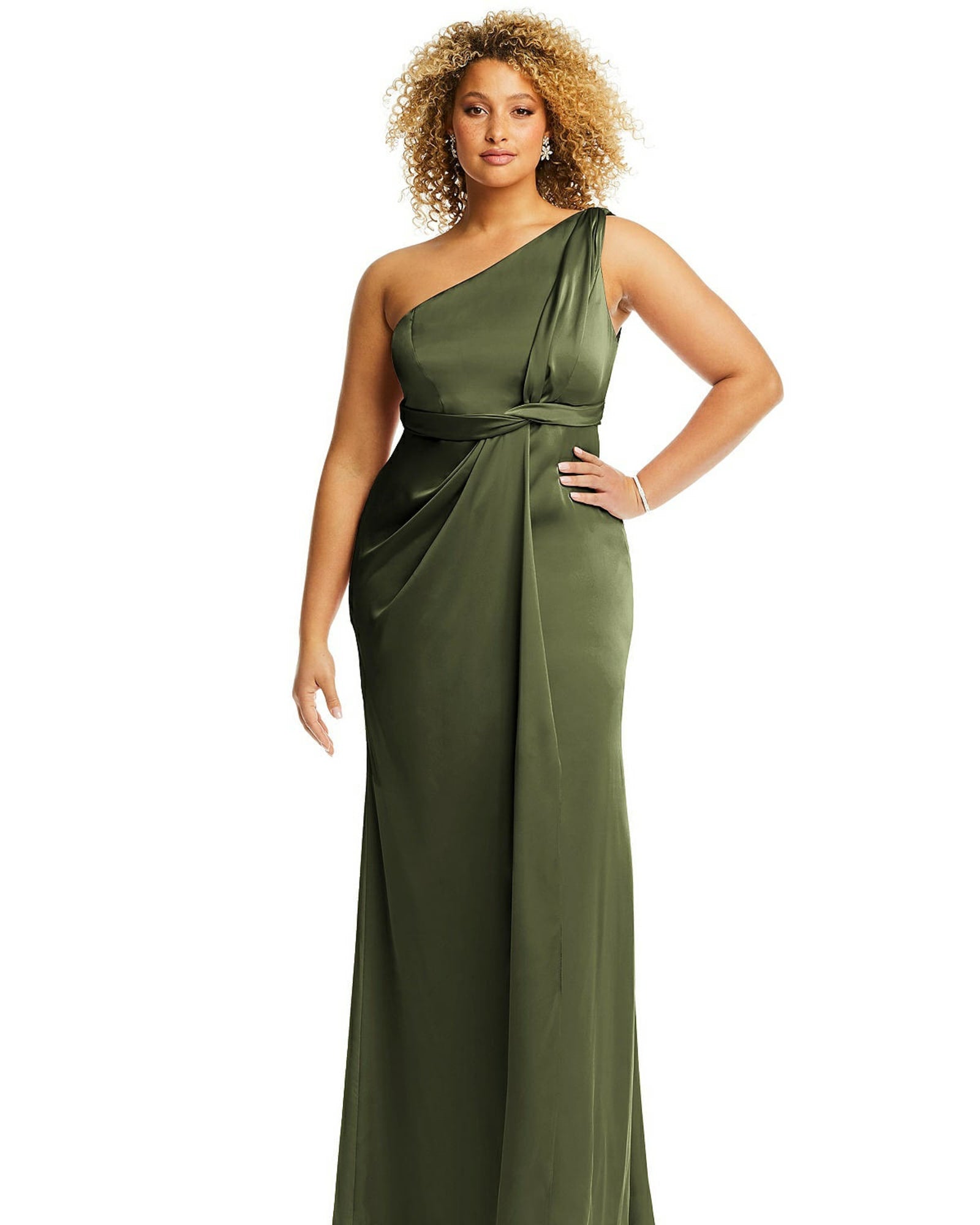 One-Shoulder Draped Twist Empire Waist Trumpet Gown | Olive Green