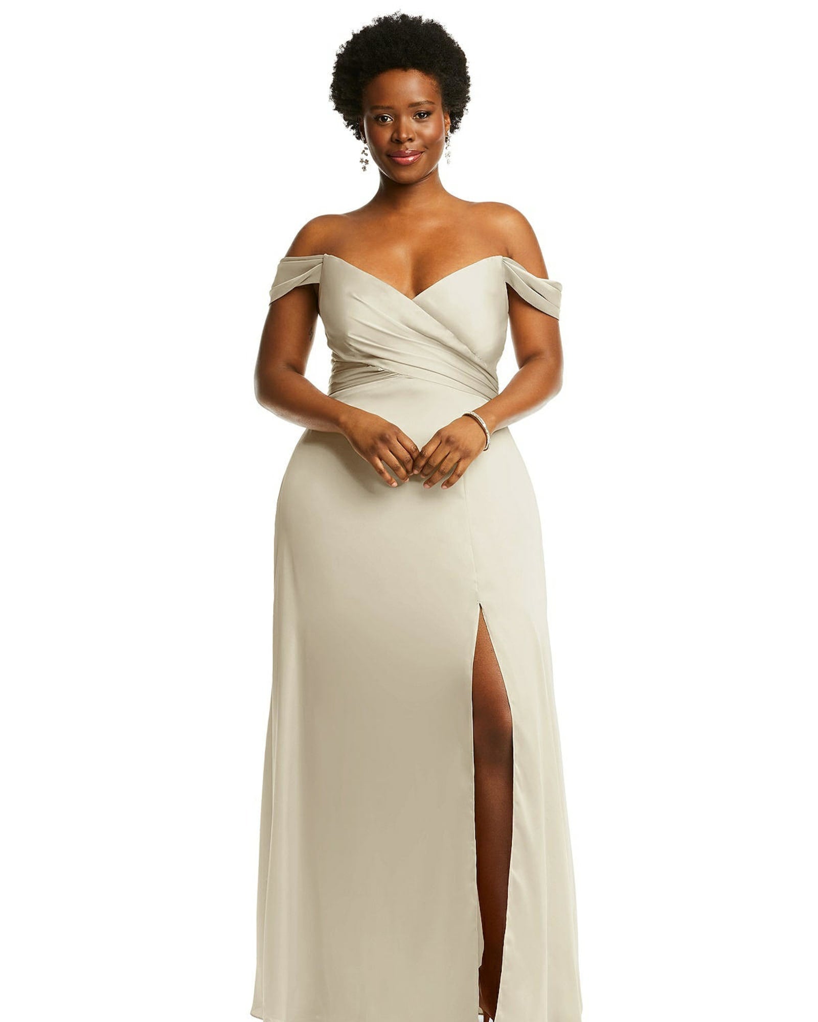 Off-the-Shoulder Flounce Sleeve Empire Waist Gown with Front Slit | Champagne