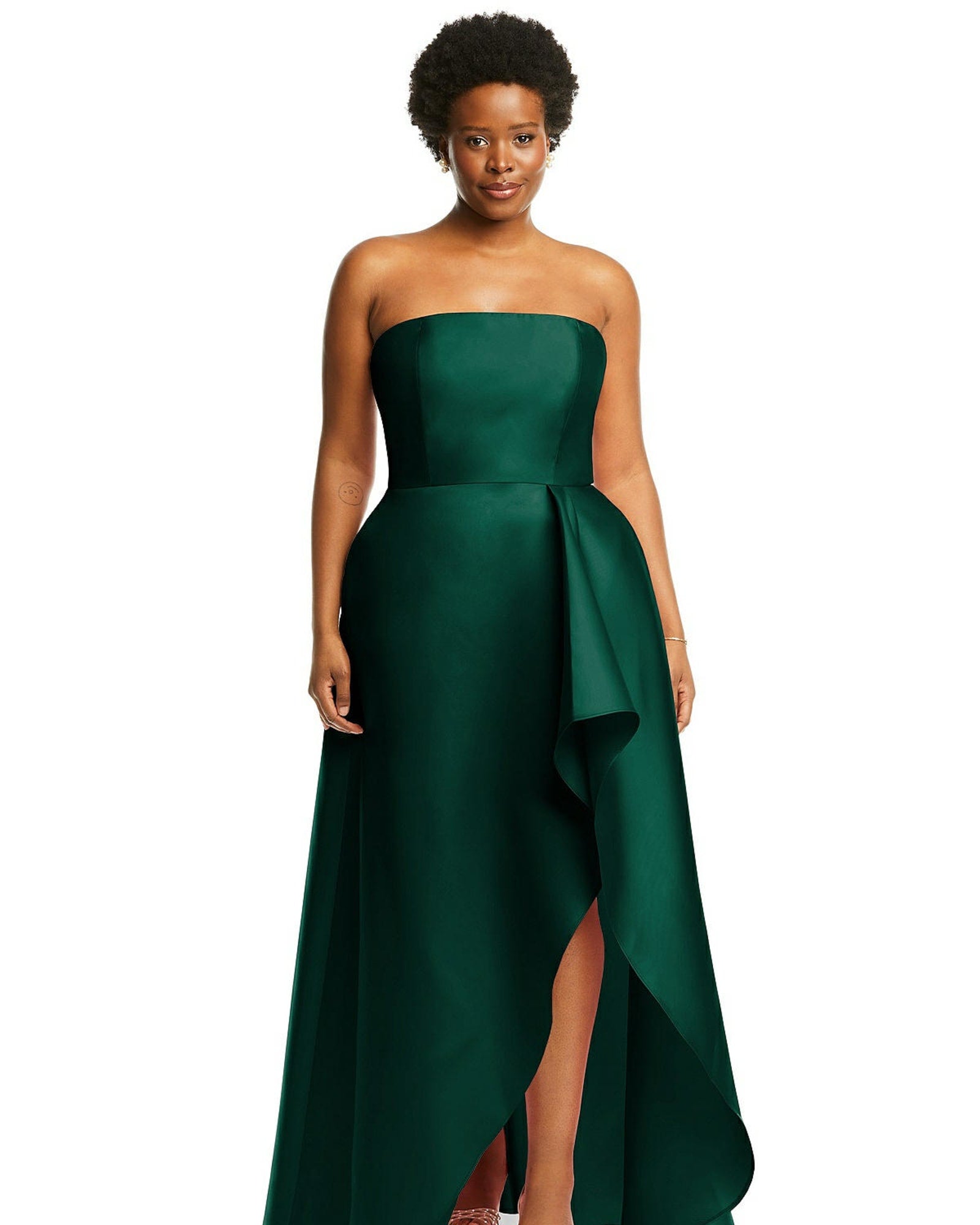 Strapless Satin Gown with Draped Front Slit and Pockets | Hunter Green