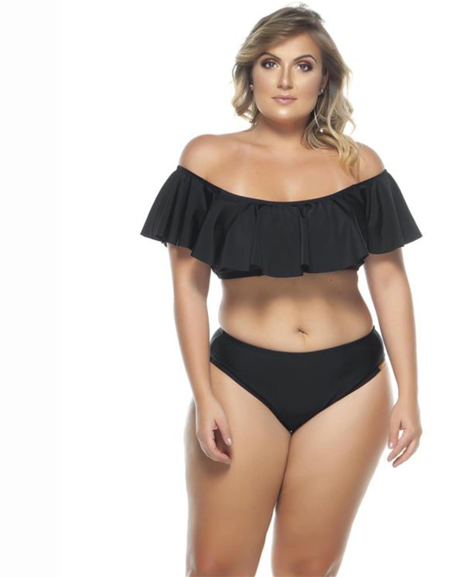 Ruffled Off Shoulder Bikini Top | Black