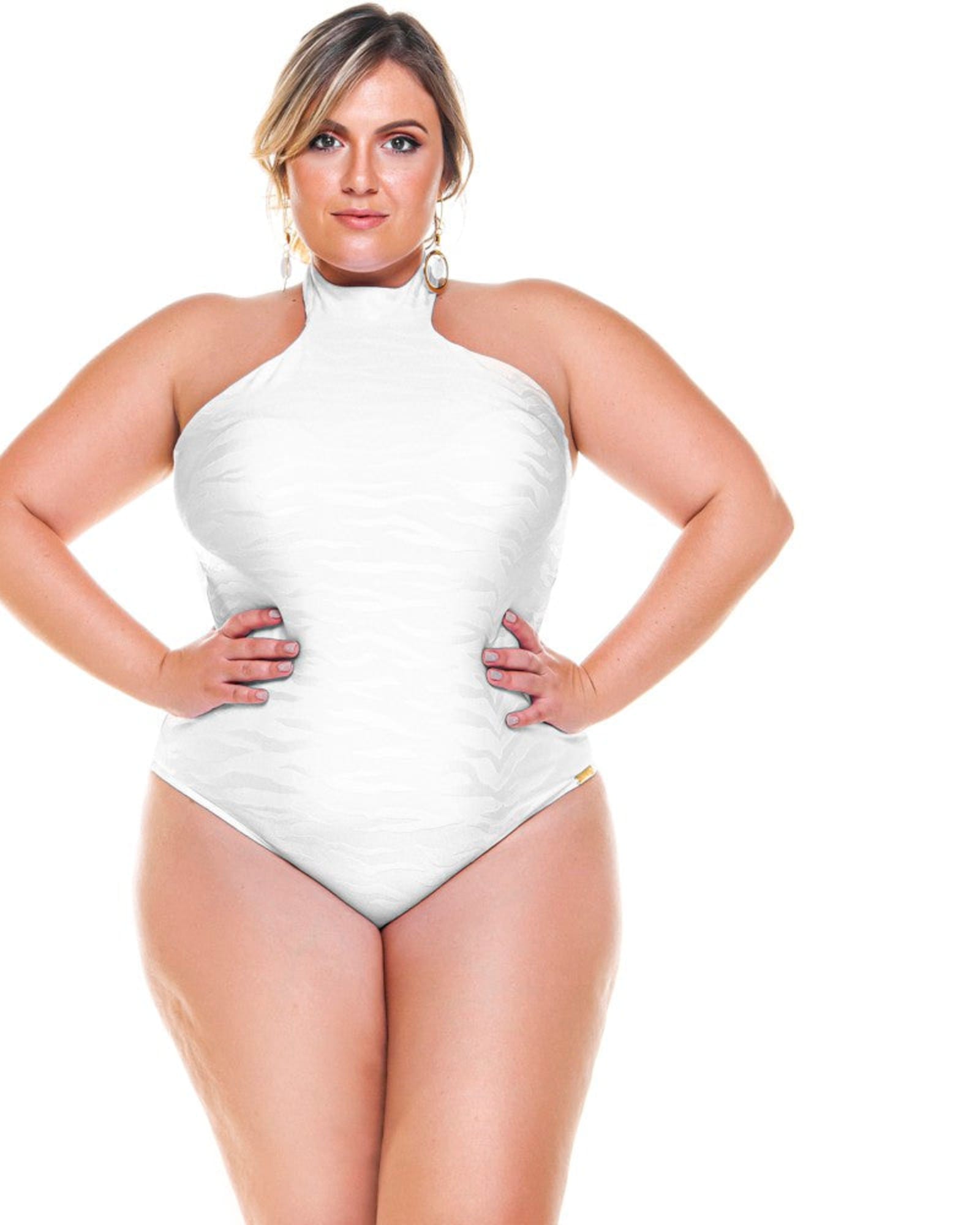 Unique Vintage Plus Size Solid White Monroe Halter Swim Top