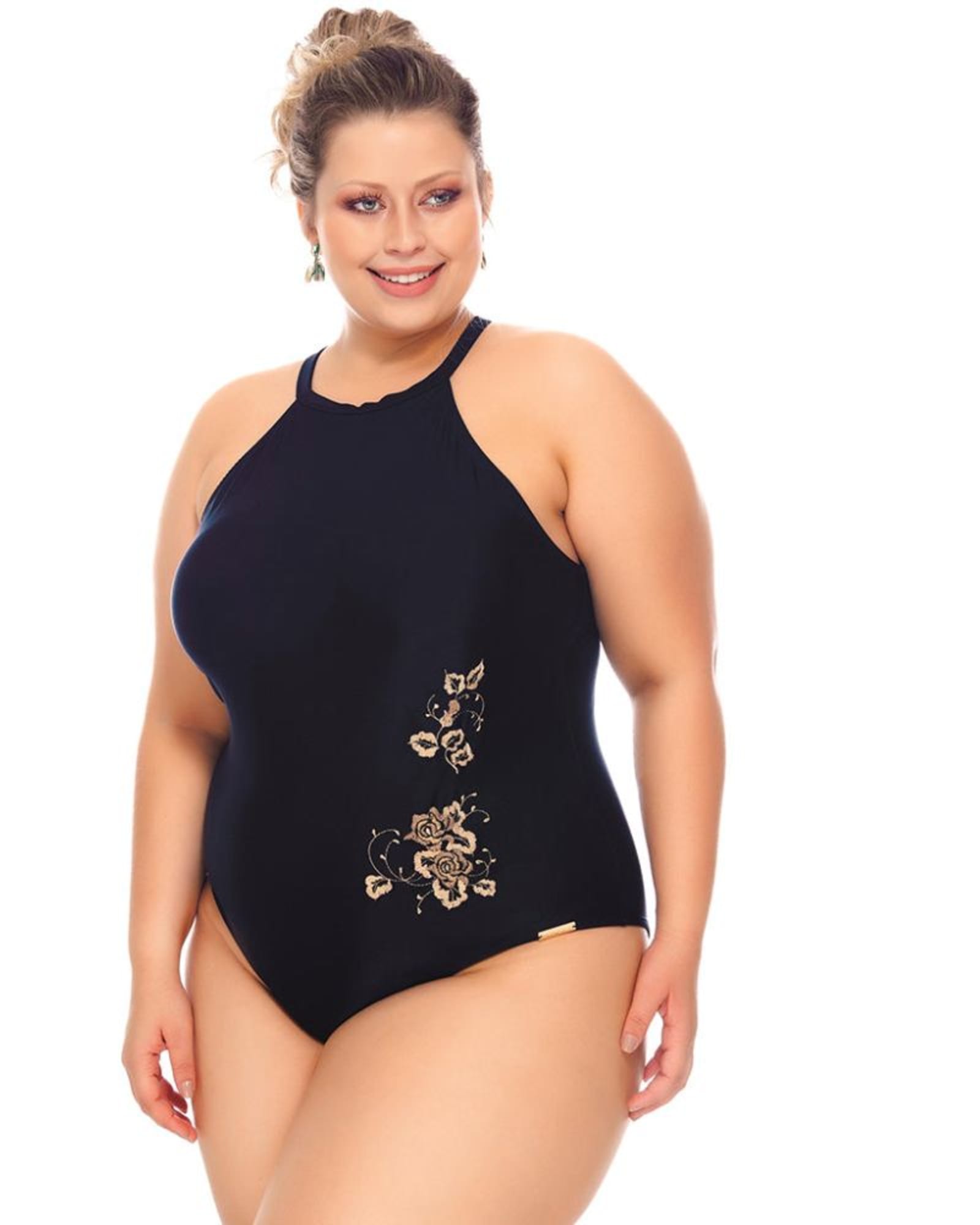 Swimsuit With Embroidery, Choker And Padded Cups | Black