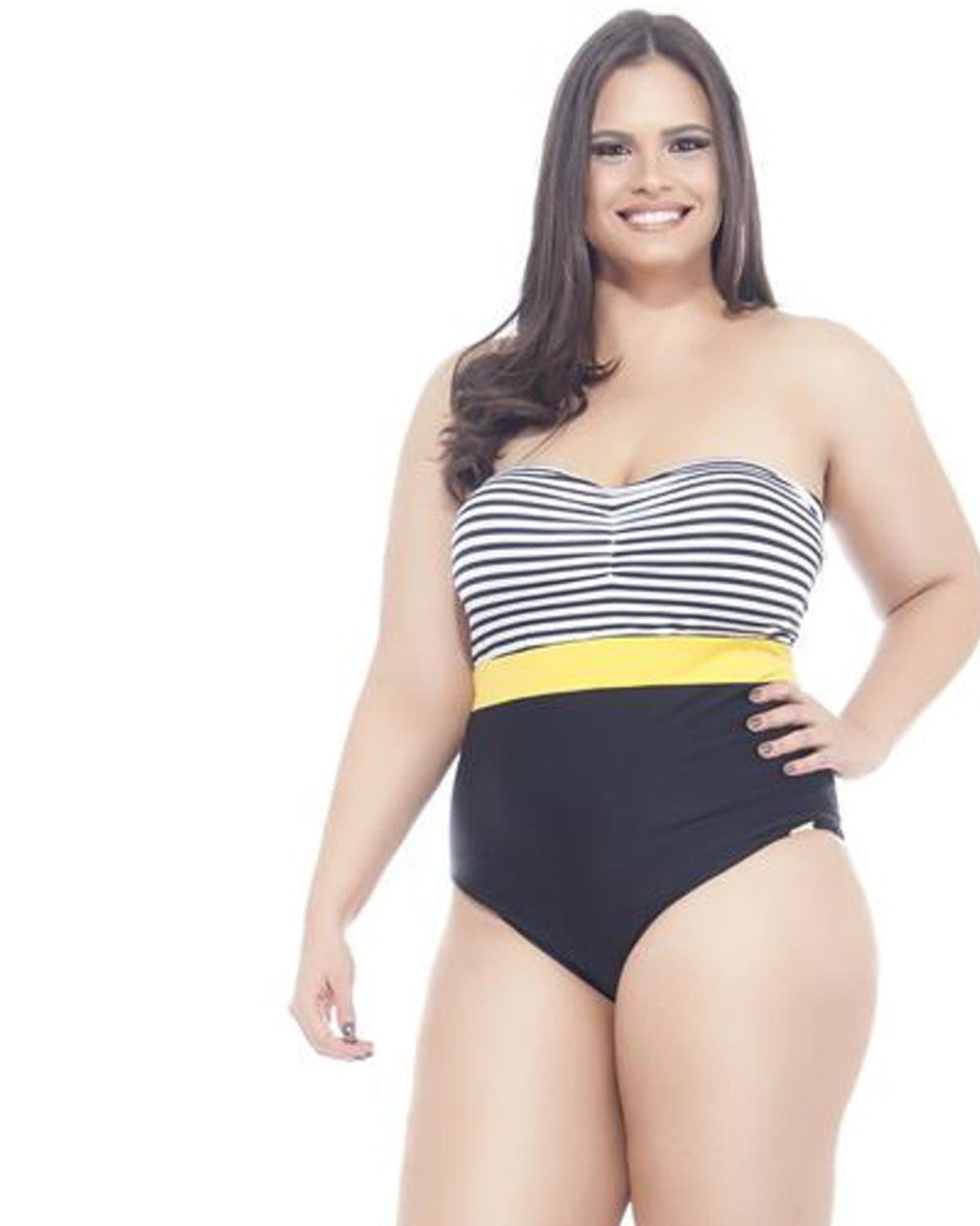 Three Colored Strapless Swimsuit | Black & Yellow Stripe