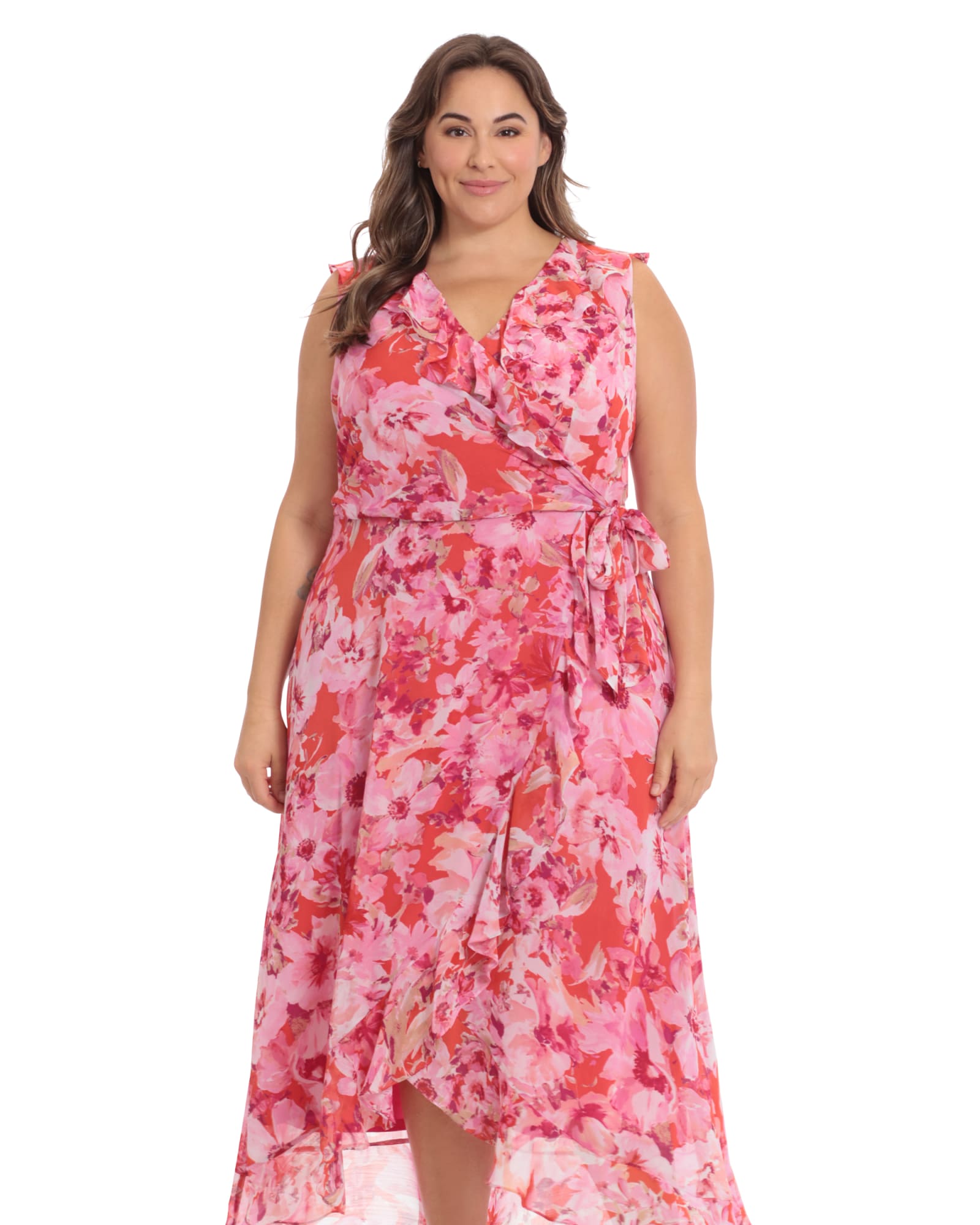 Floral side tie ruffle wrap maxi dress | Coral