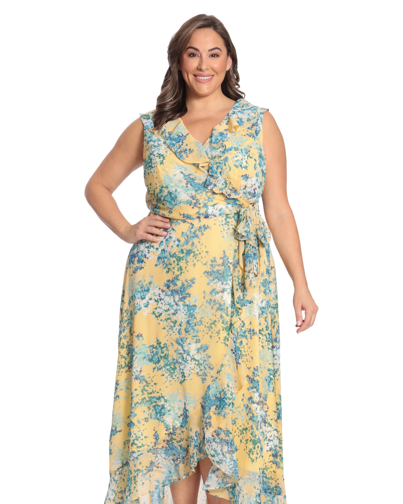 Floral side tie ruffle wrap maxi dress | Yellow