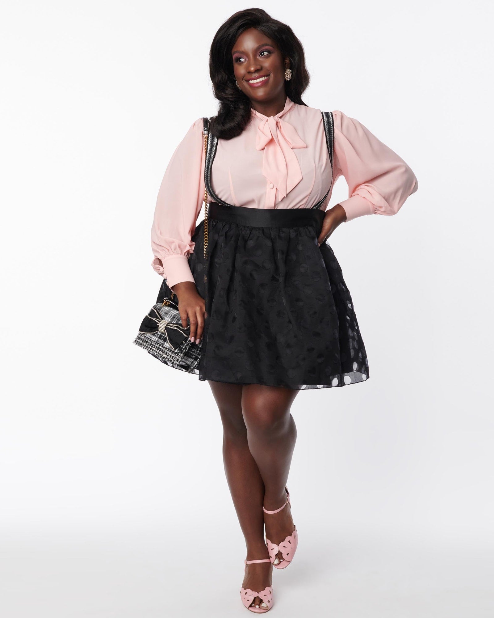Unique Vintage Plus Size Black Polka Dot Tulle Suspender Mini Skirt | Black Polka Dot
