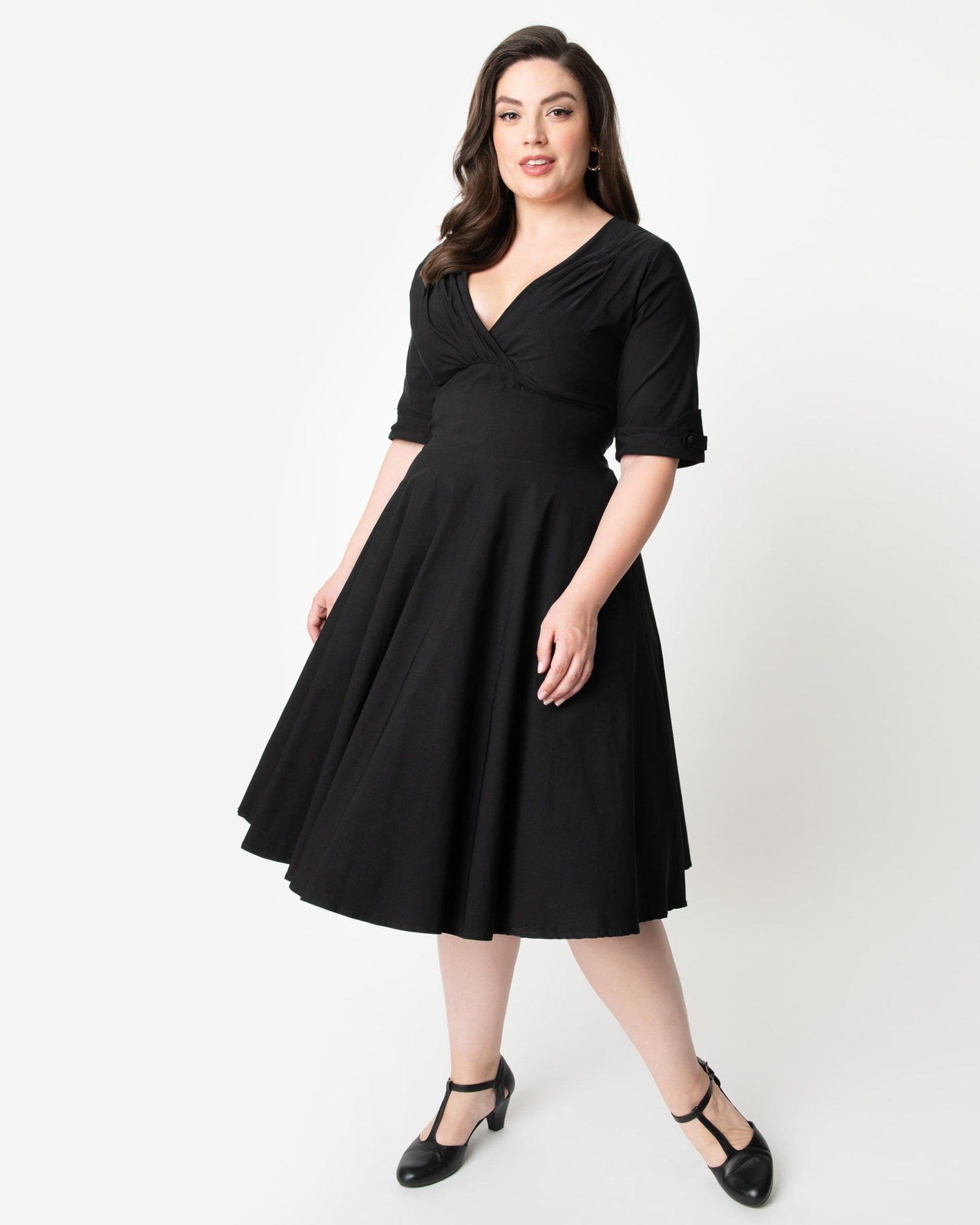 Unique Vintage Plus Size Black Delores Swing Dress with Sleeves | Black