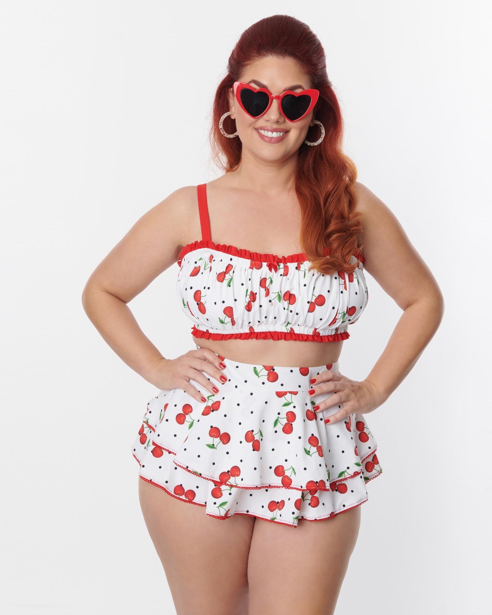 Unique Vintage Plus Size White & Cherry Pin Dot Halter Swim Dress