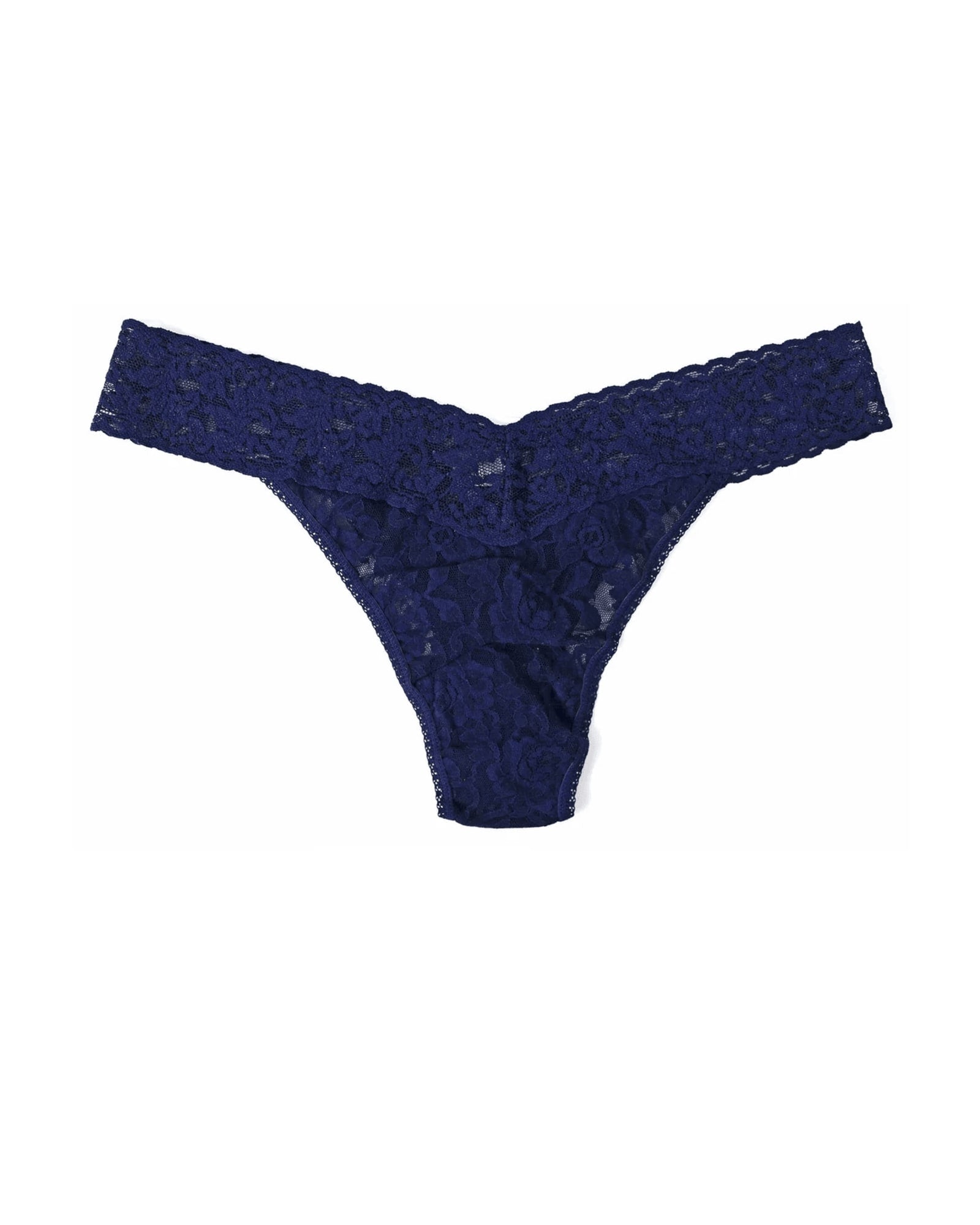 Microfiber and Wide Lace Band Thong Panty - Midnight blue