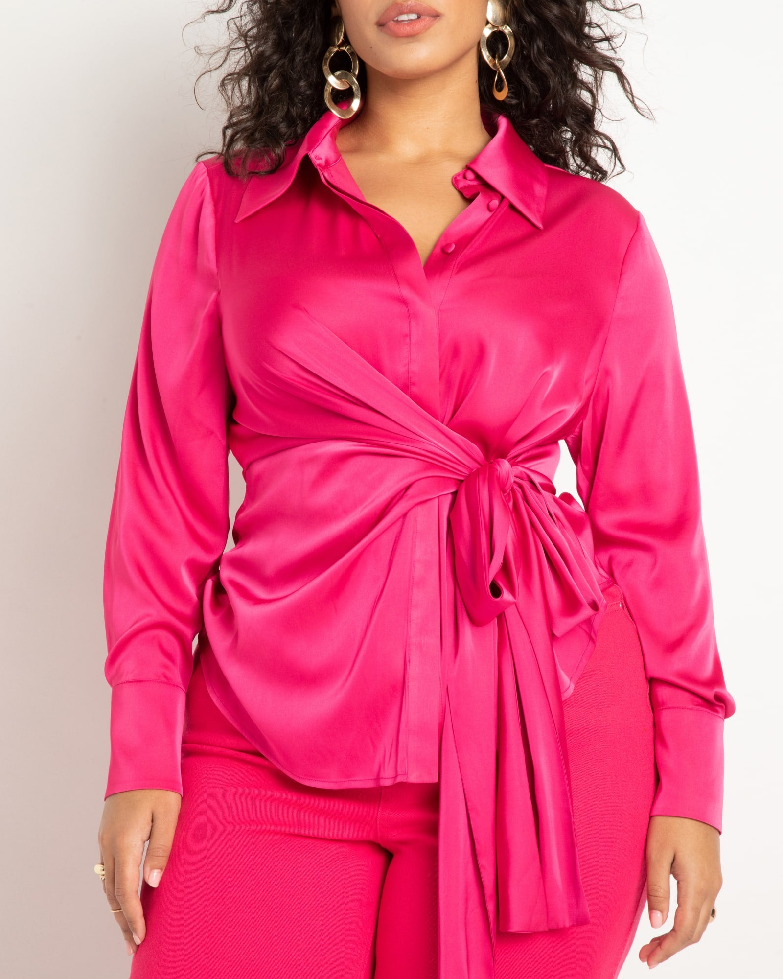 Satin Collared Blouse with Bow | Hot Pink