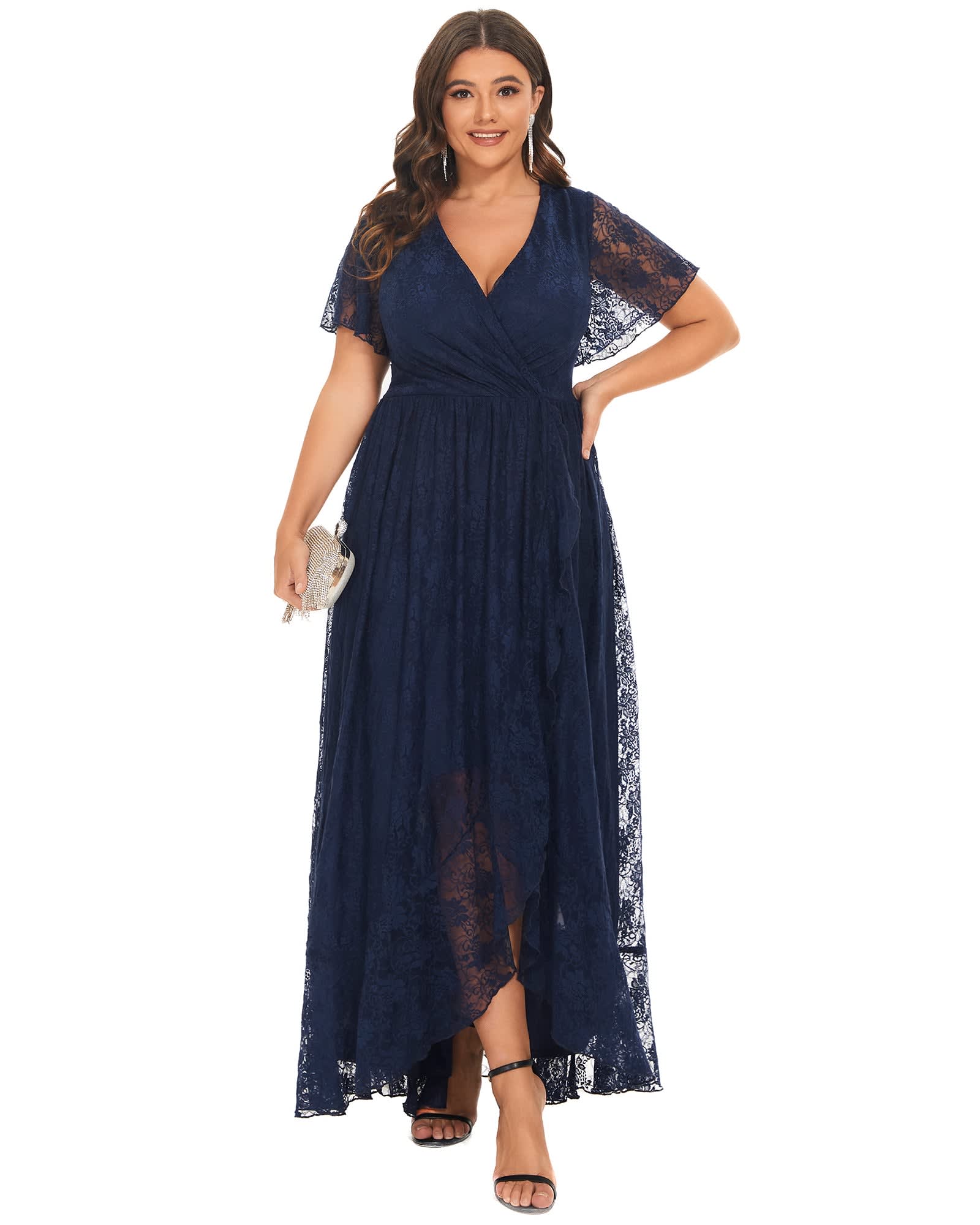 Short Sleeve Ruffled V-Neck A-Line Lace Evening Dress | Navy Blue