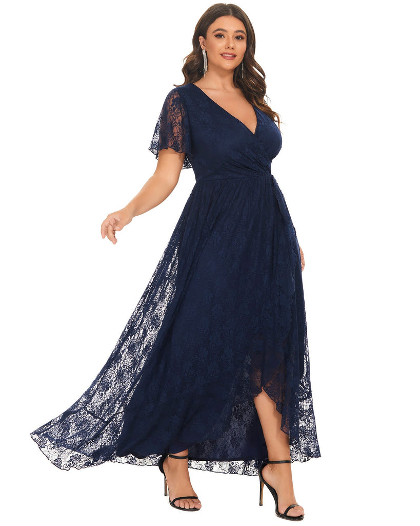 Short Sleeve Ruffled V-Neck A-Line Lace Evening Dress | Navy Blue