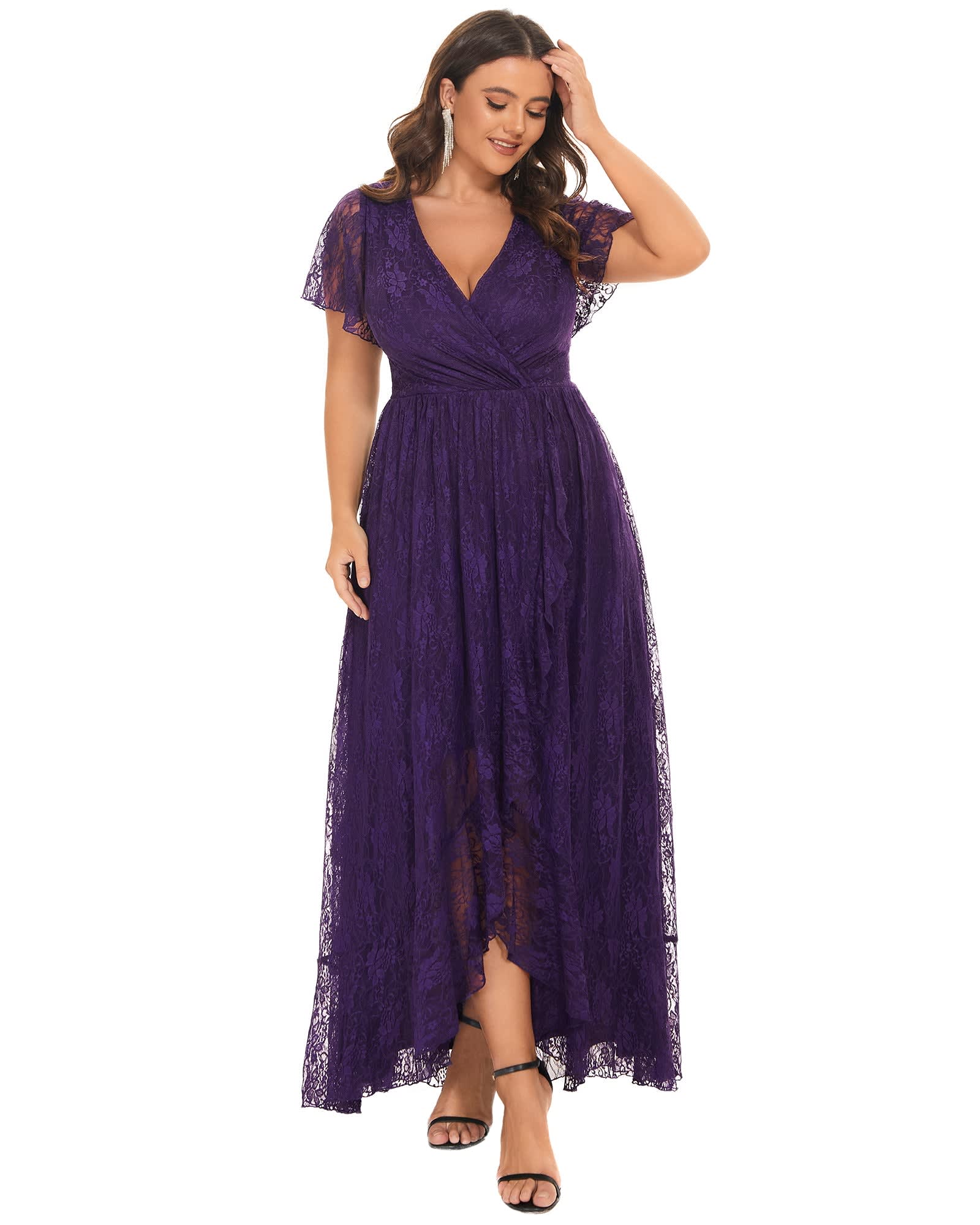 Short Sleeve Ruffled V-Neck A-Line Lace Evening Dress | Dark Purple