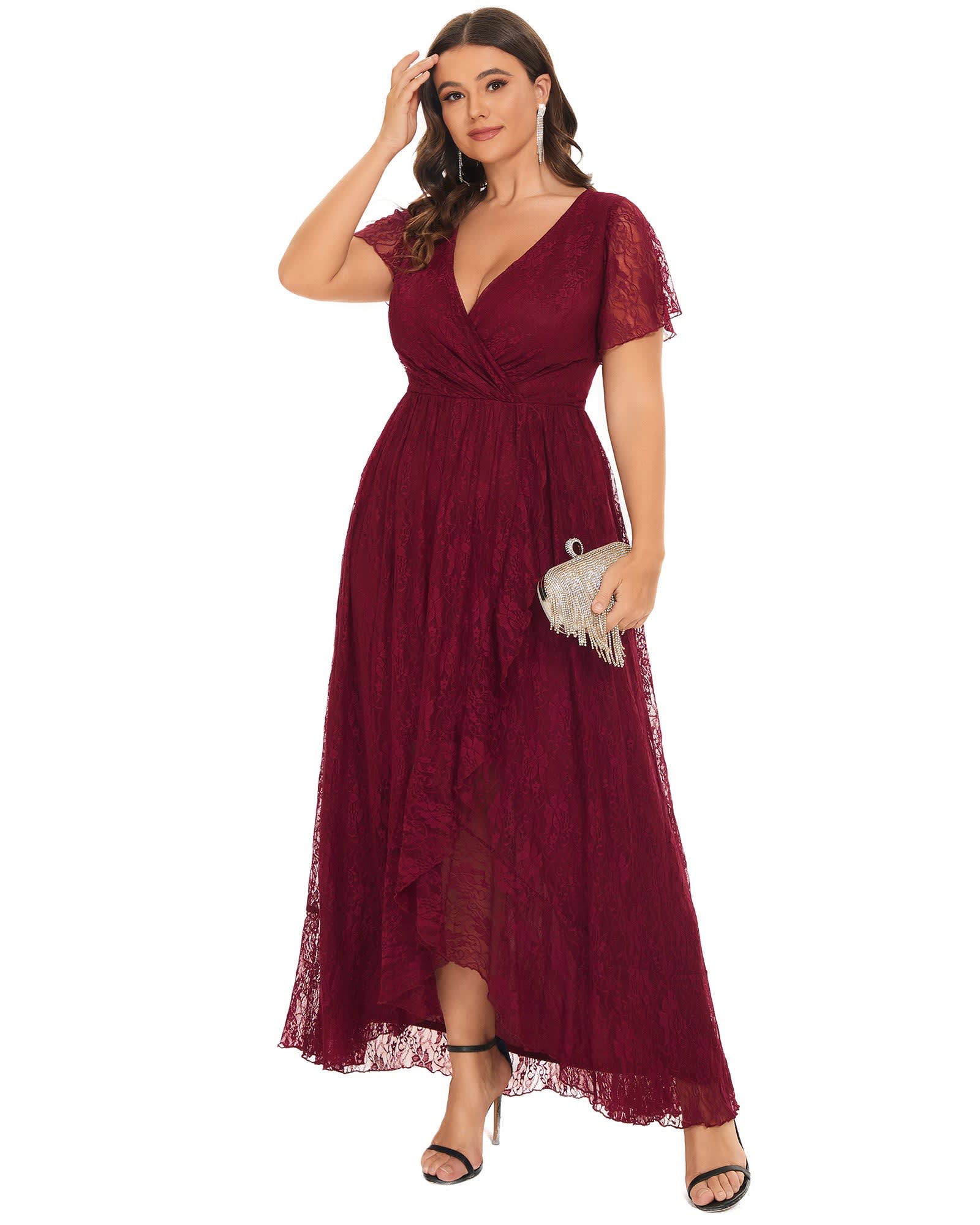 Short Sleeve Ruffled V-Neck A-Line Lace Evening Dress | Burgundy