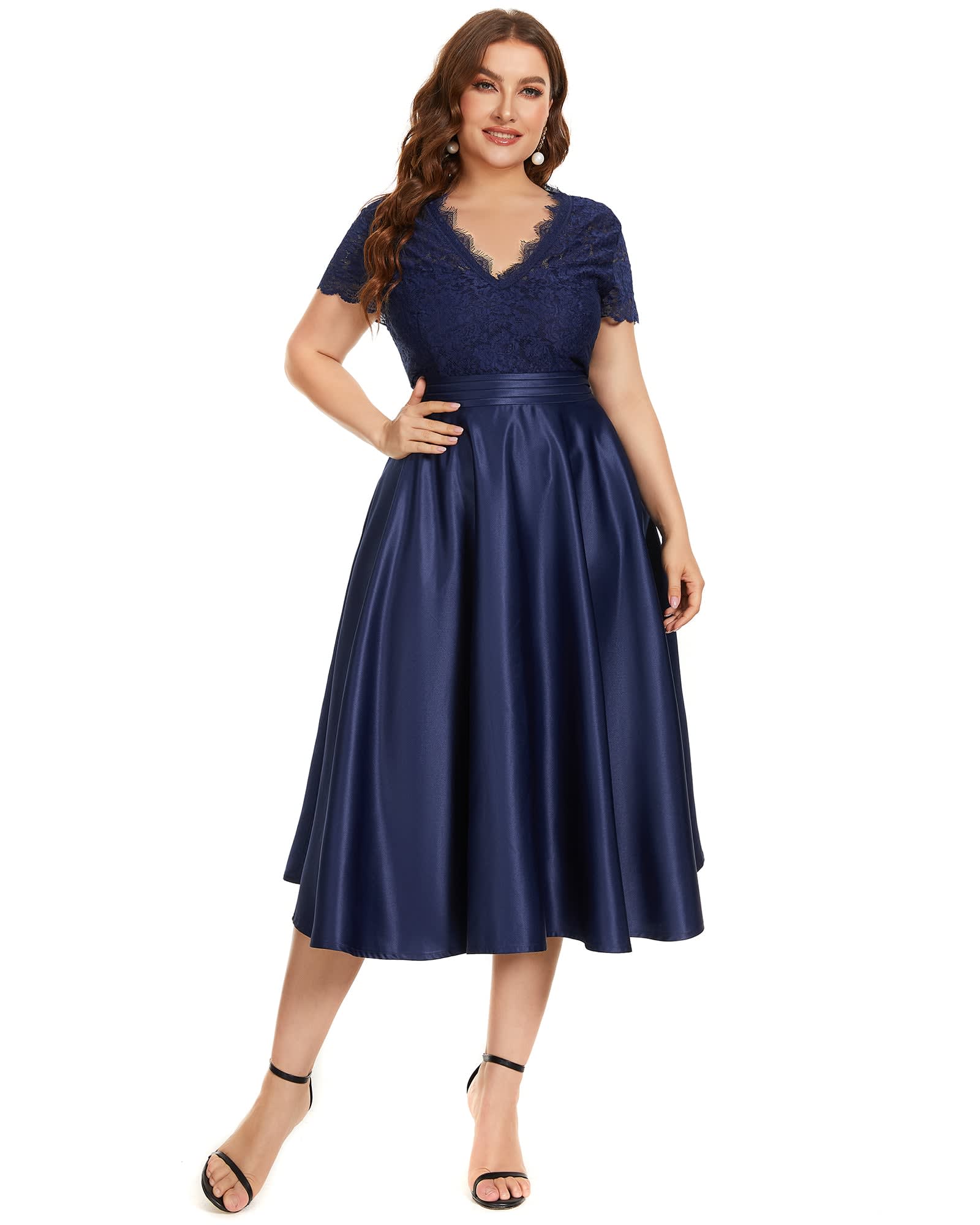 Lace Cap Sleeve V neck Cocktail Dress | Navy Blue