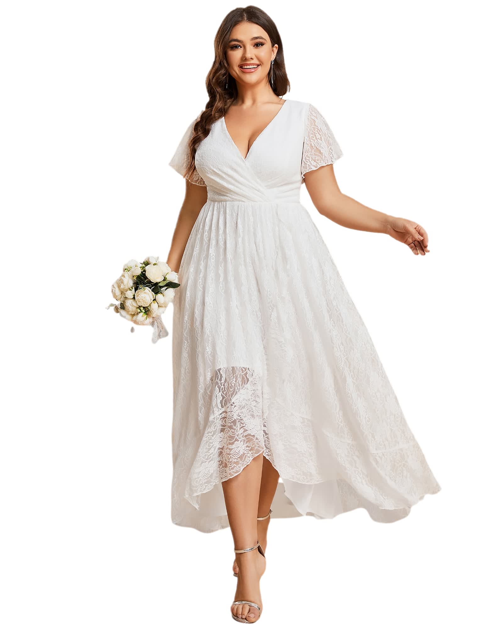 Short Sleeve Ruffled V-Neck A-Line Lace Evening Dress | White
