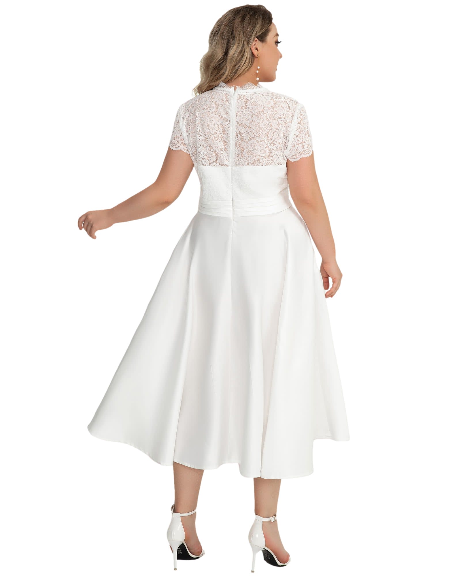 Lace Cap Sleeve V neck Cocktail Dress | White