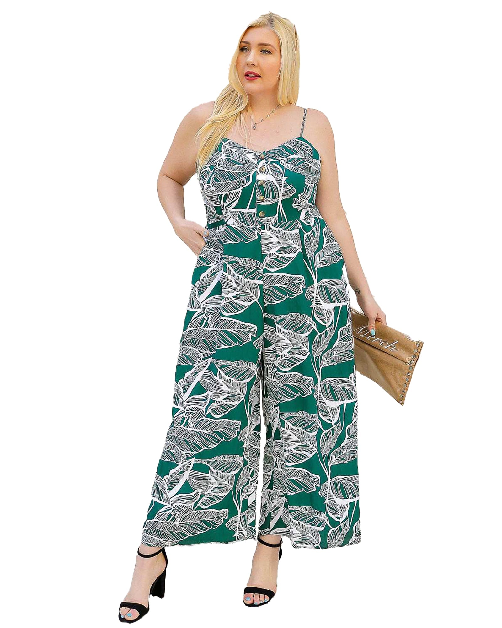 Eva Palm Leaf Wide Leg Jumpsuit | Green with white leaves