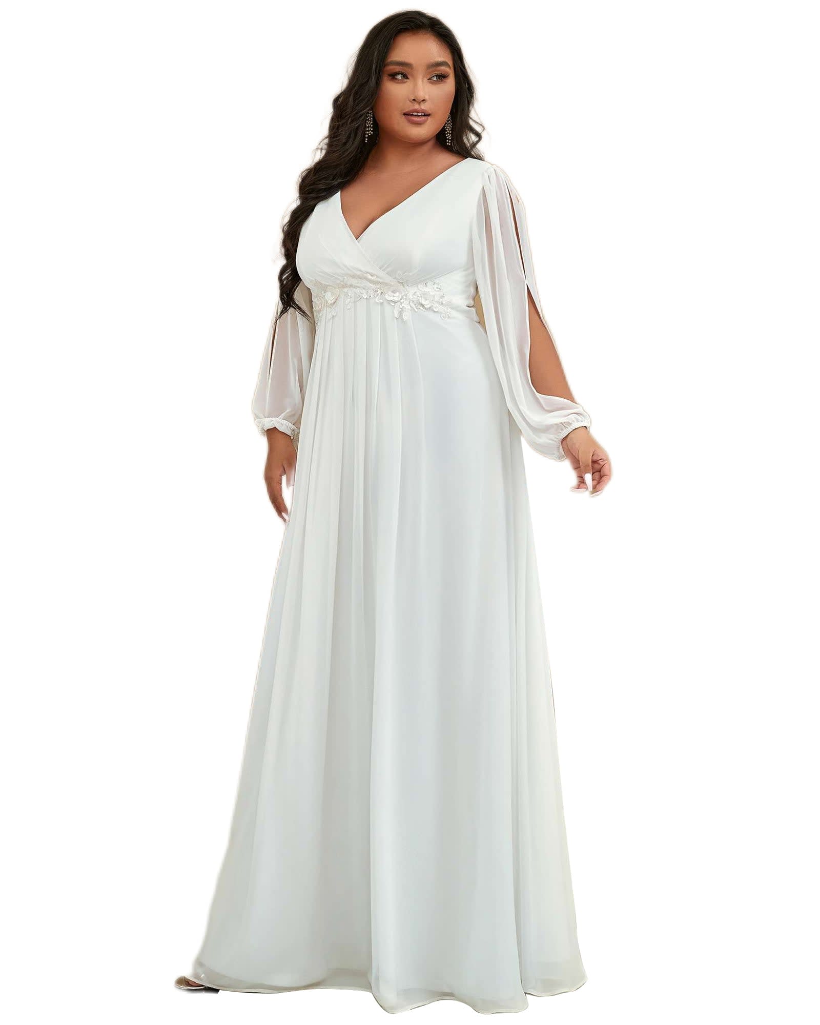 Plus Size Elegant Chiffon V-Neckline Long Sleeve Formal Evening Dress