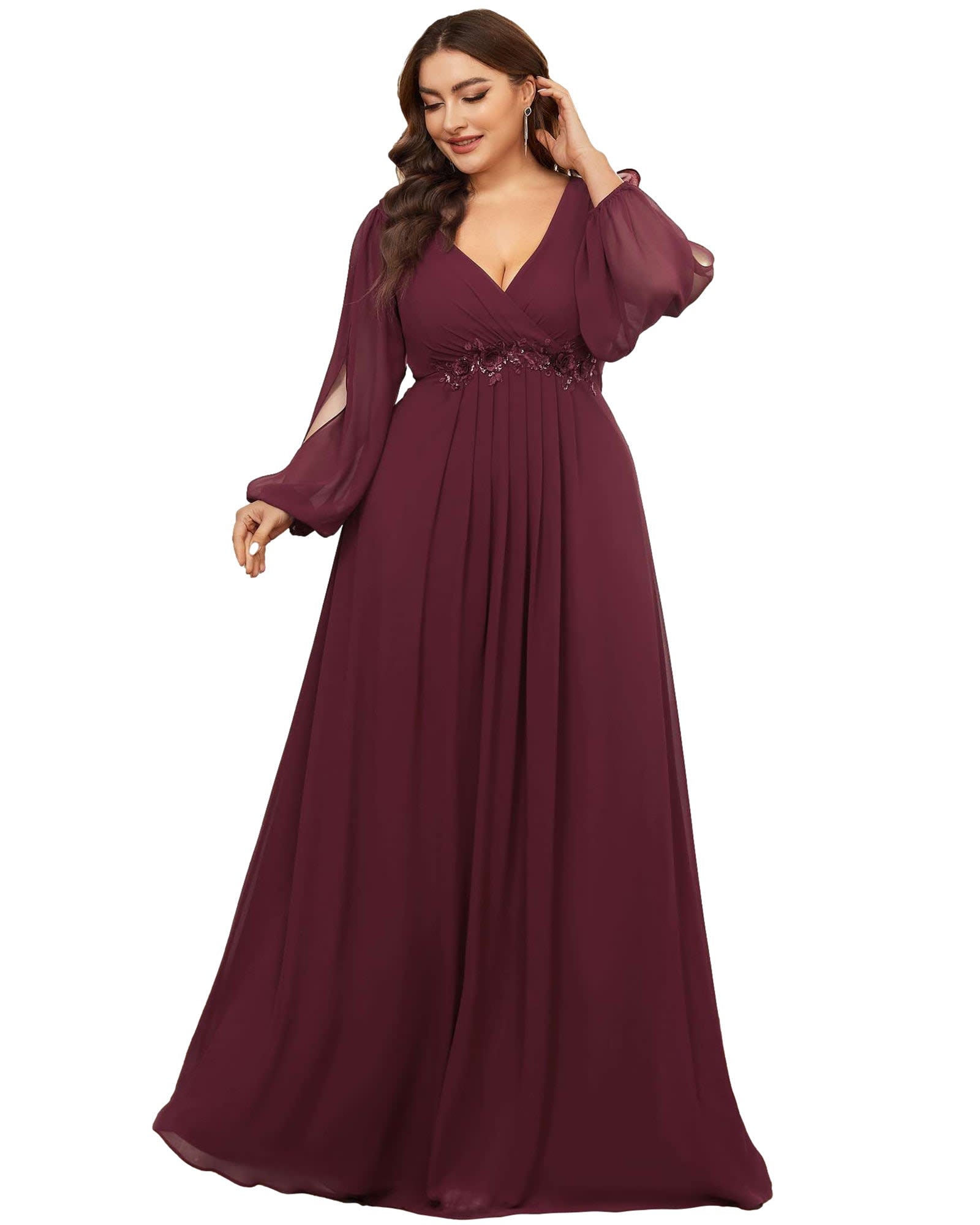Chiffon V-Neckline Long Sleeve Formal Evening Dress | Burgundy