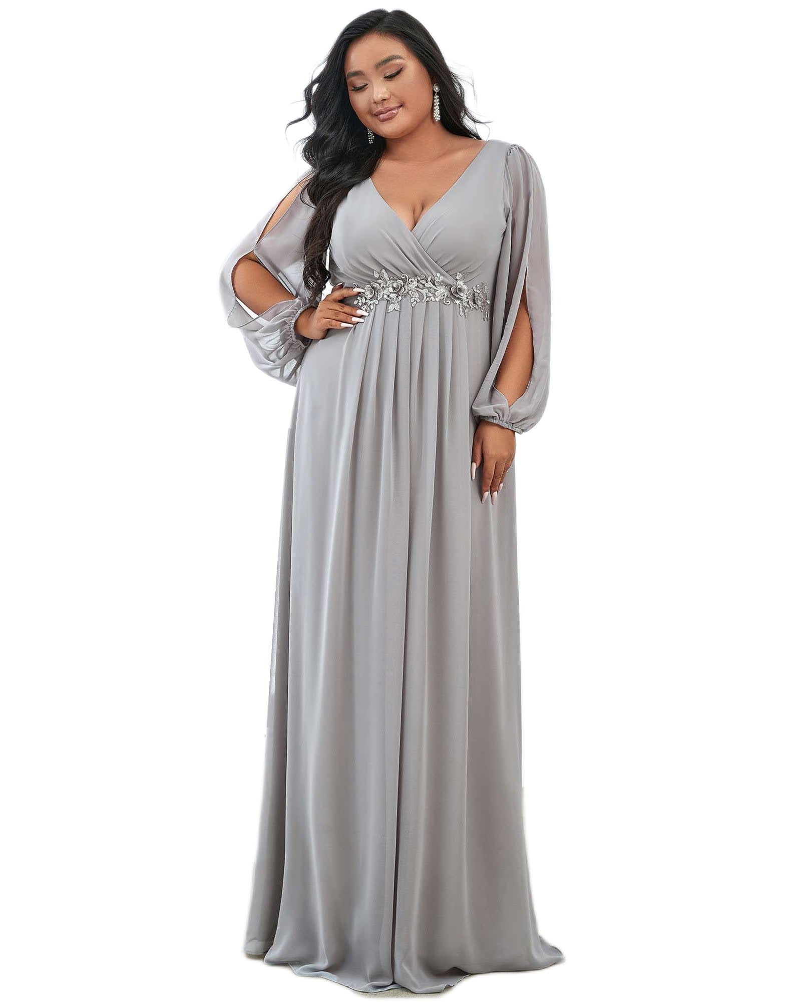 Chiffon V-Neckline Long Sleeve Formal Evening Dress | Grey