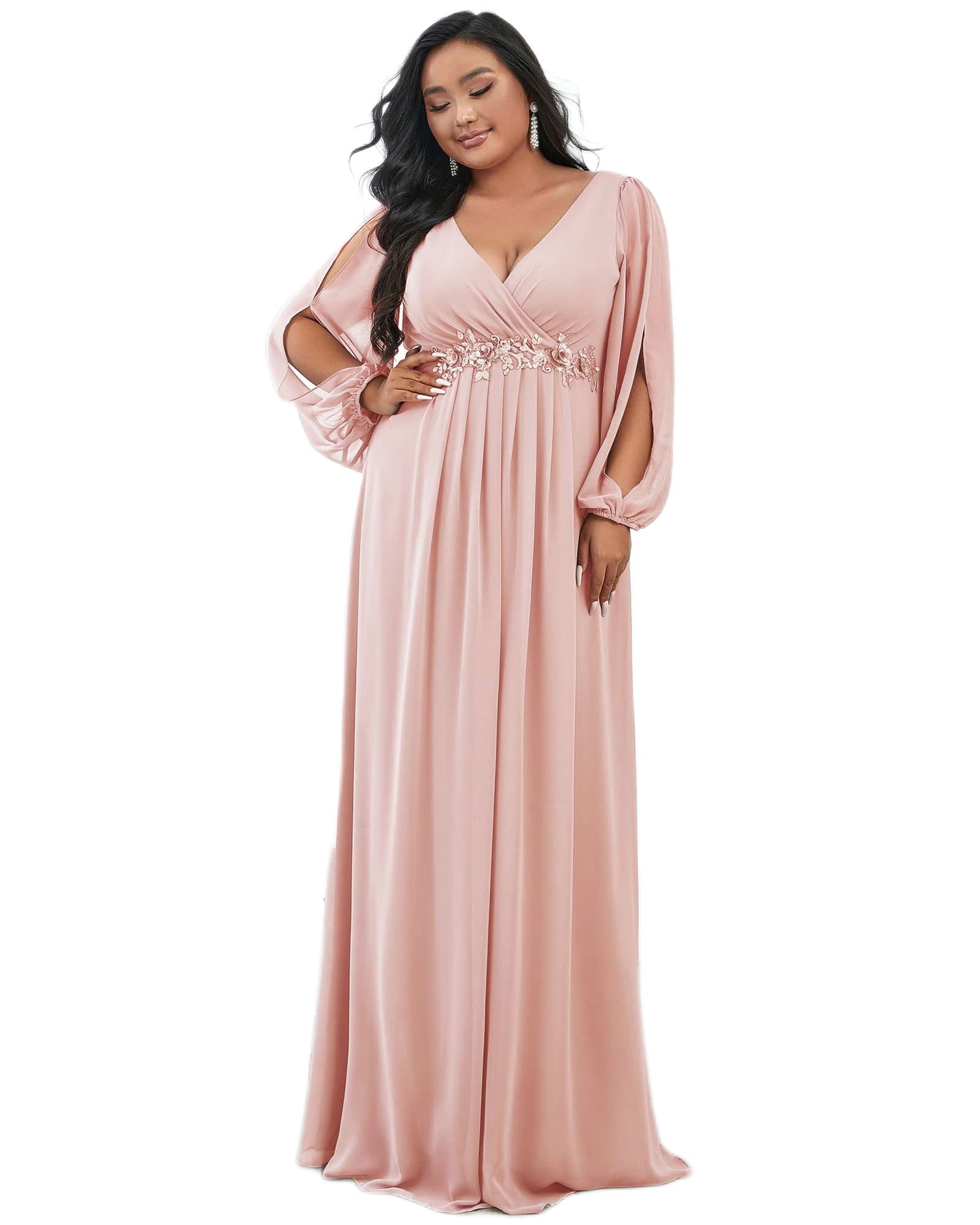 Chiffon V-Neckline Long Sleeve Formal Evening Dress | Pink