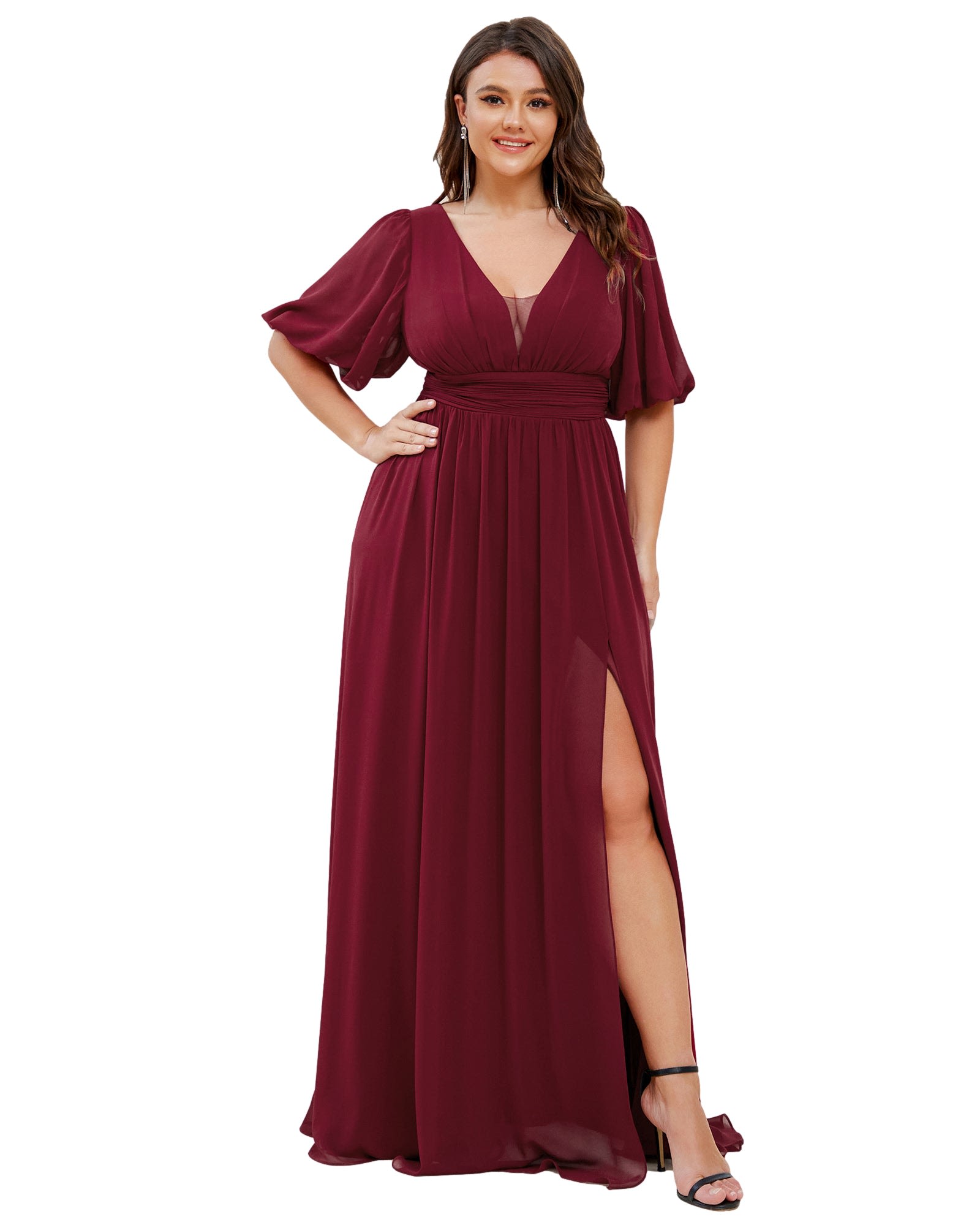 Chiffon Illusion V-Neck Flutter Sleeve Front Slit Evening Dress | Burgundy