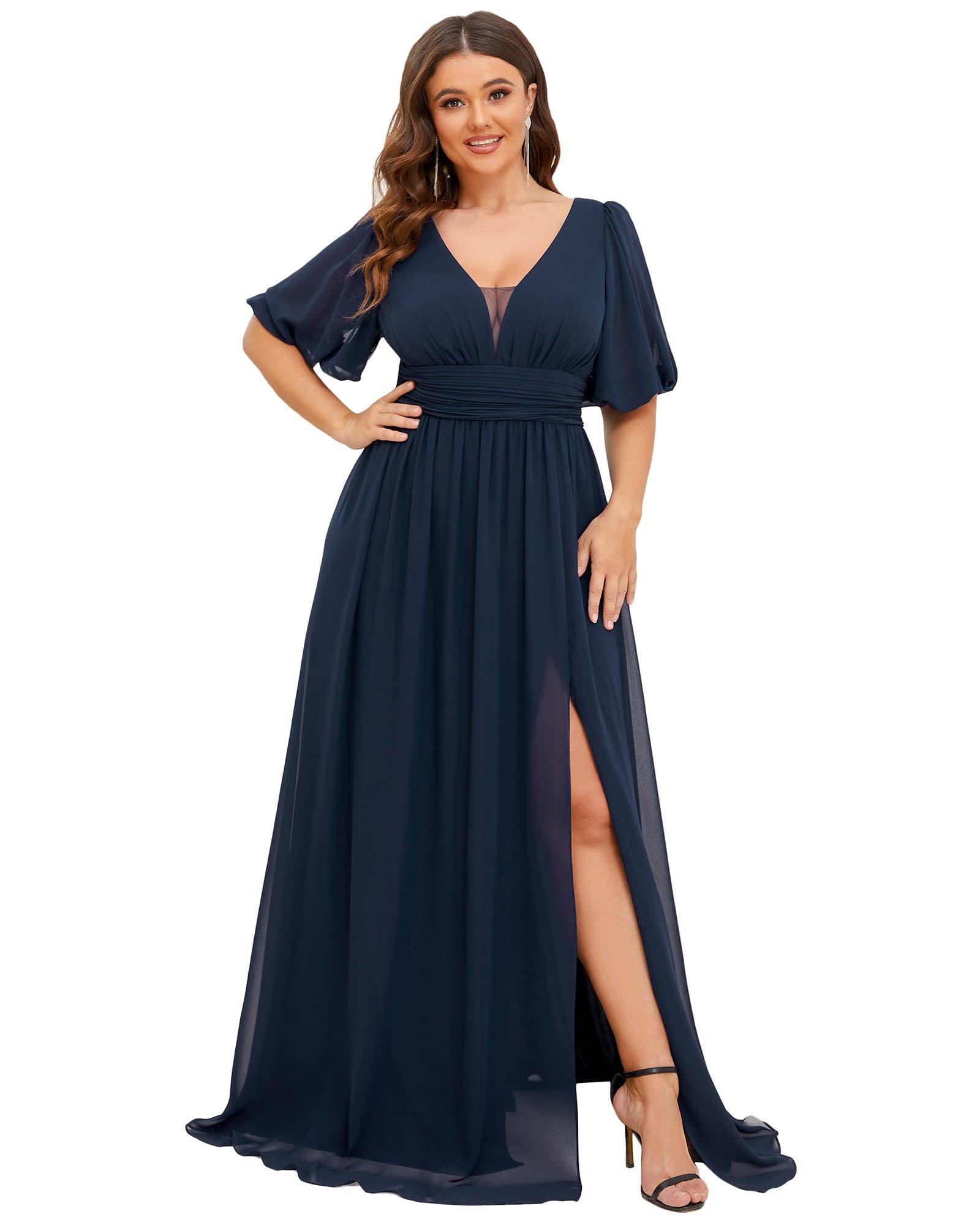 Chiffon Illusion V-Neck Flutter Sleeve Front Slit Evening Dress | Navy Blue