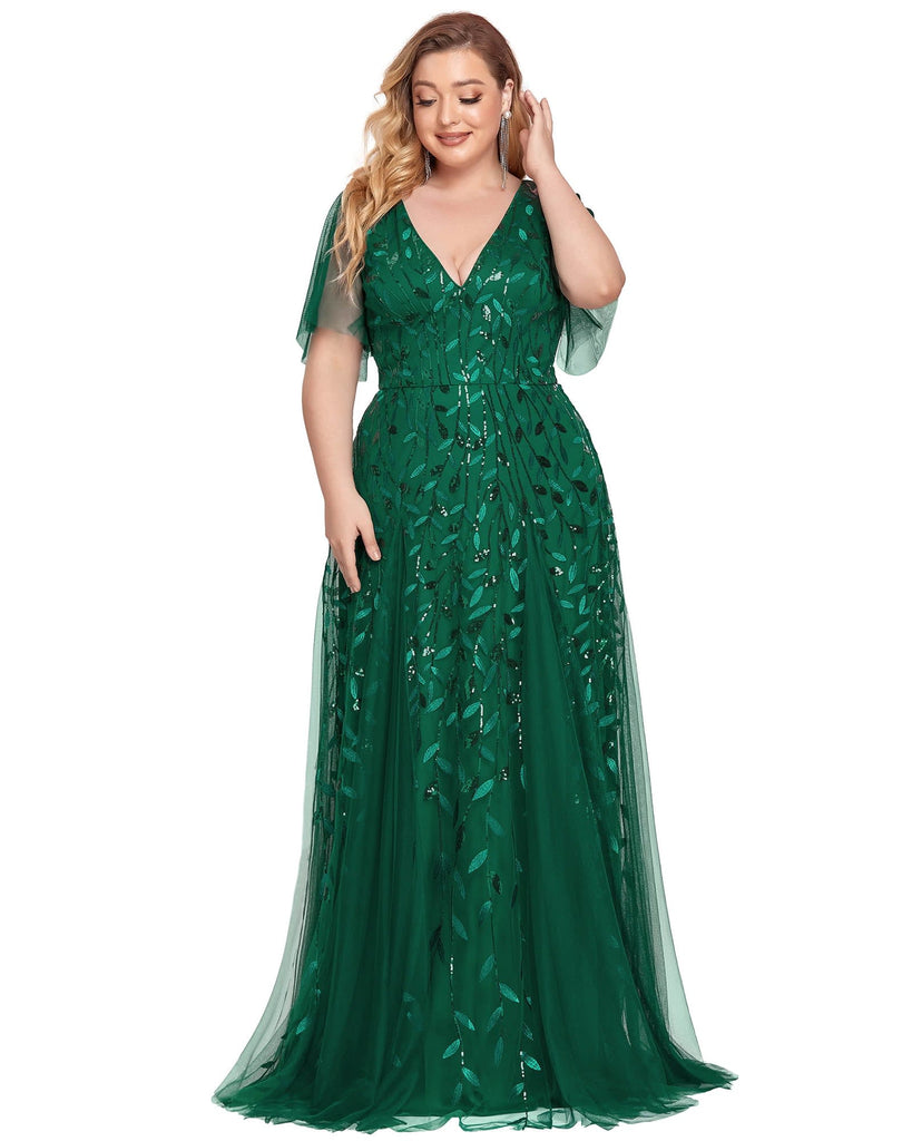 V Neck Ruffle Sleeves Sequin Maxi Evening Dress | Dark Green