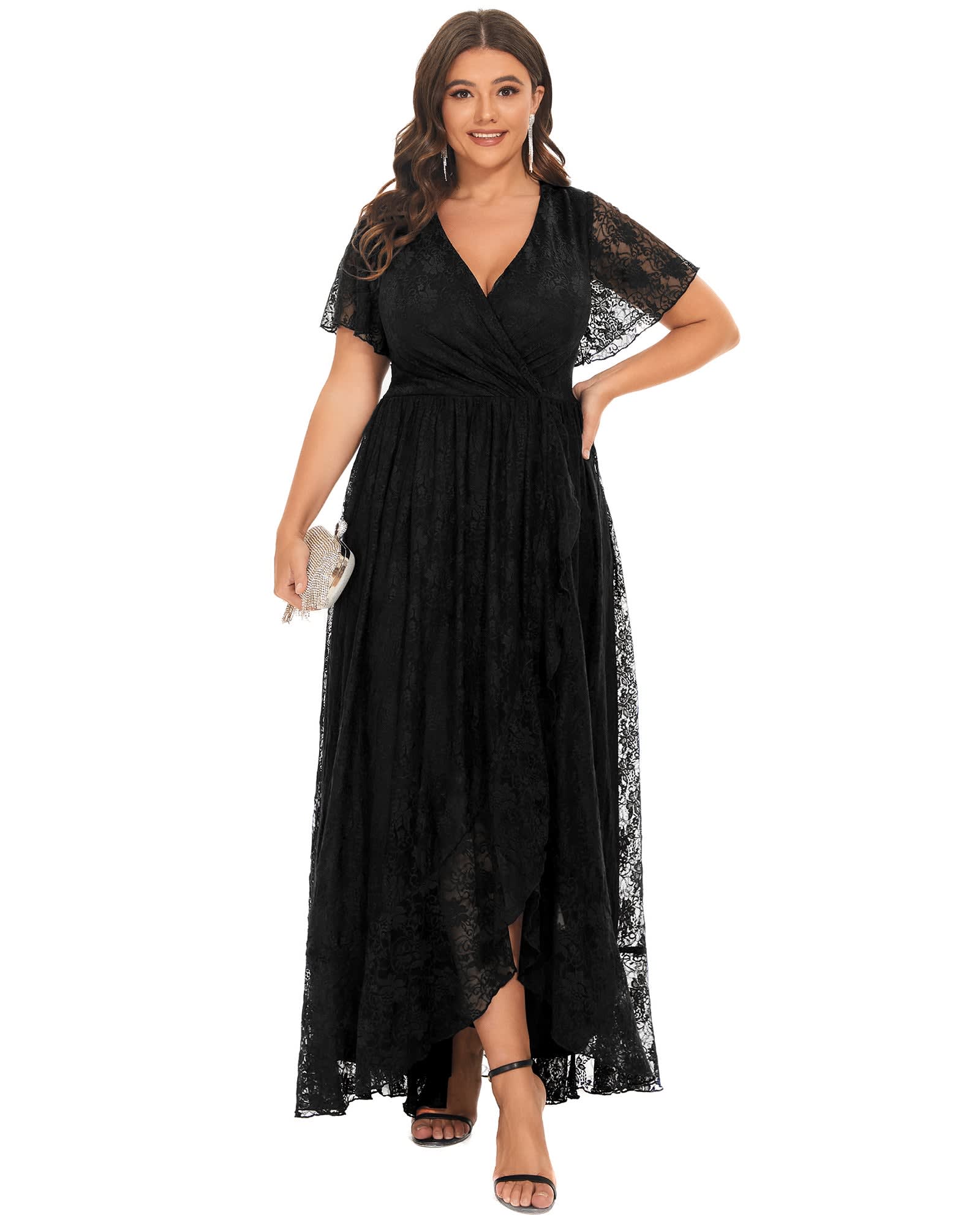 Short Sleeve Ruffled V-Neck A-Line Lace Evening Dress | Black