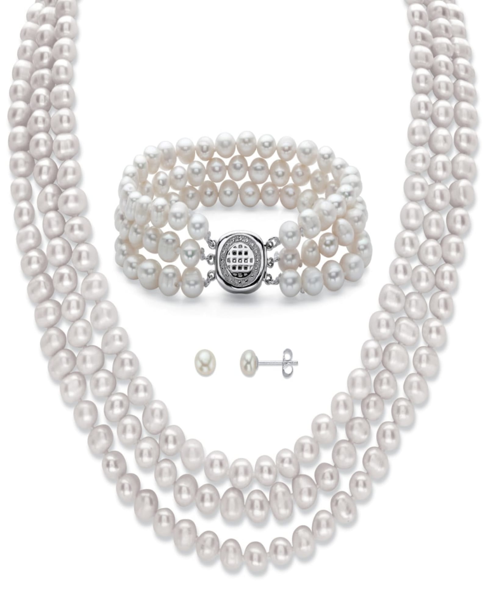 Round Genuine Cultured Pearl .925 Silver Earring, Necklace and Bracelet Set 18