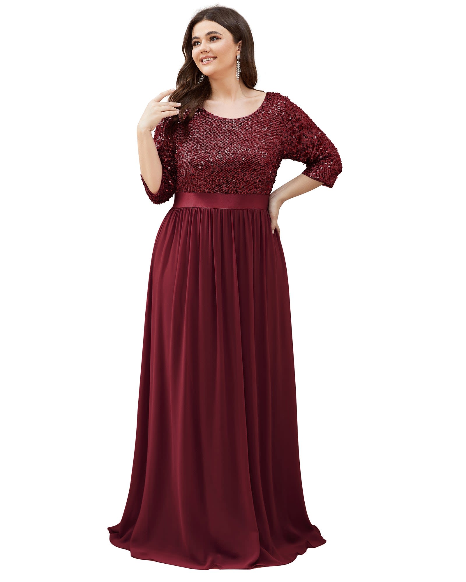 3/4 Sleeves Round Neck Evening Dress With Sequin Bodice | Burgundy