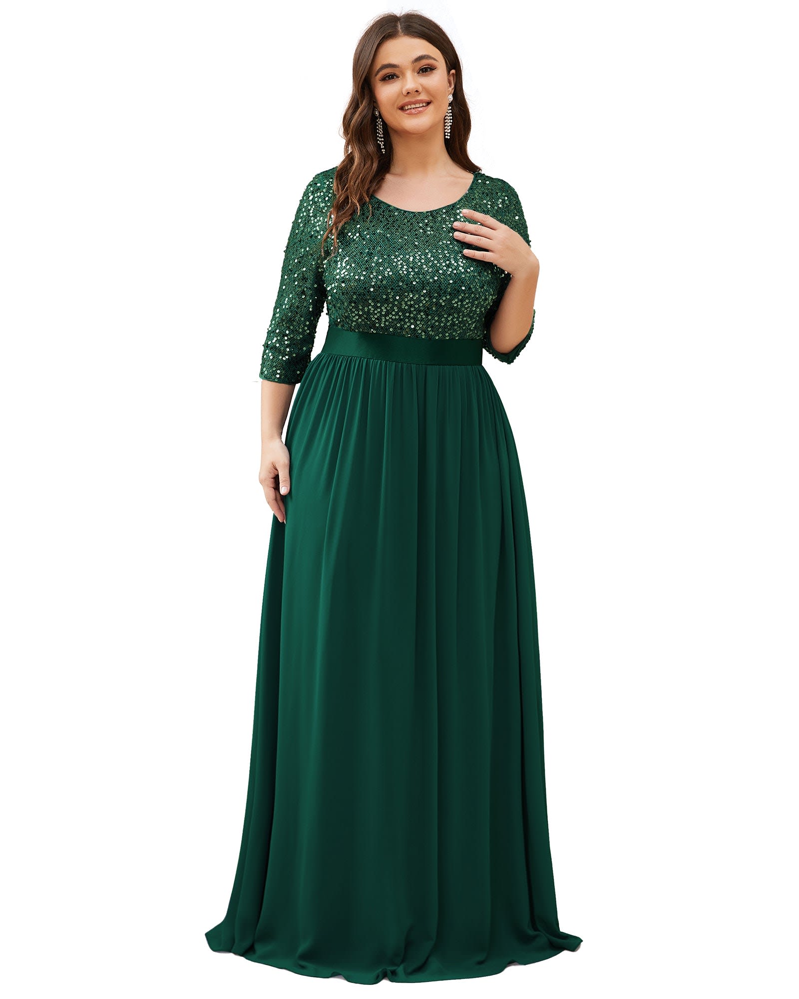 3/4 Sleeves Round Neck Evening Dress With Sequin Bodice | Dark Green