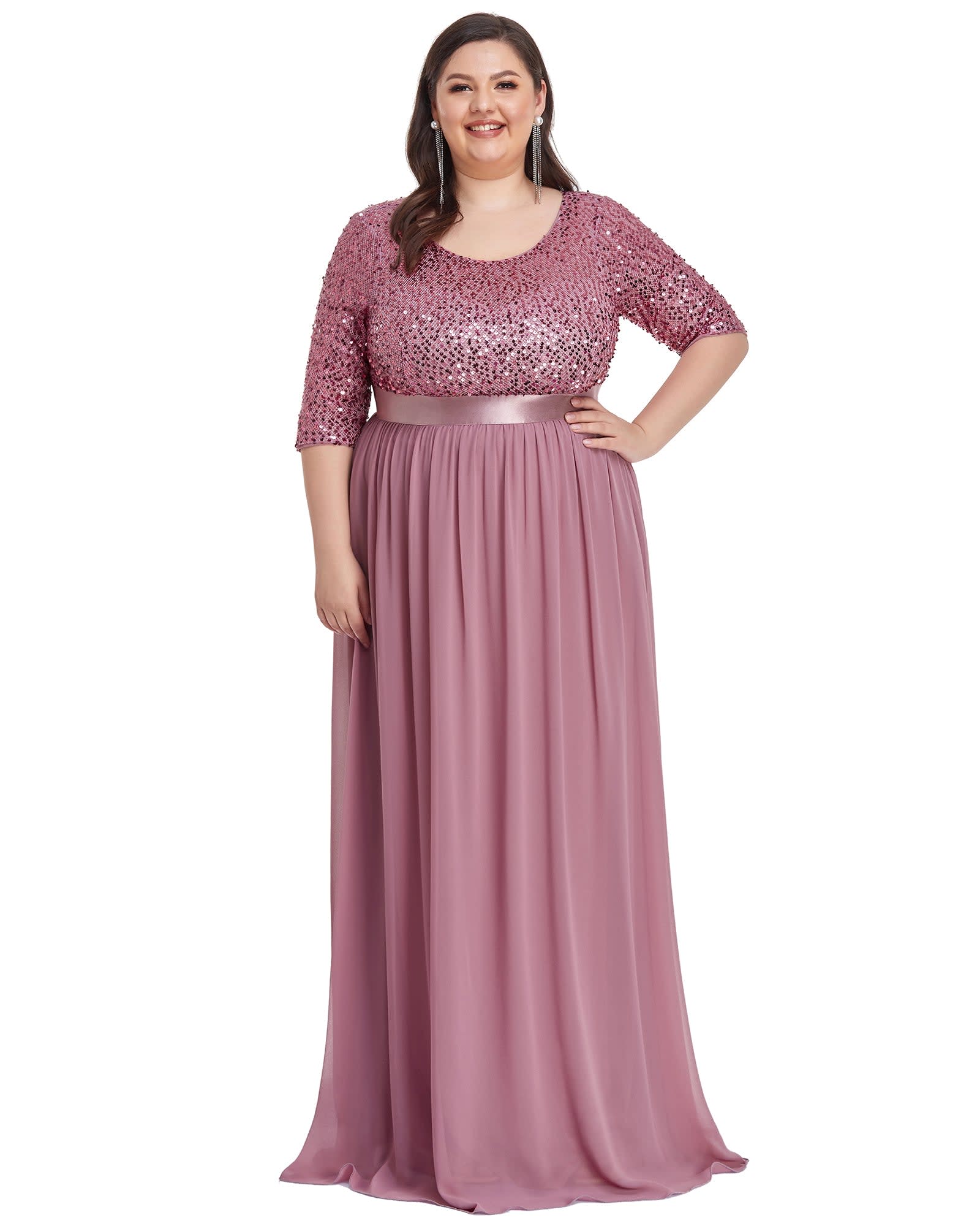 3/4 Sleeves Round Neck Evening Dress With Sequin Bodice | Purple Orchid