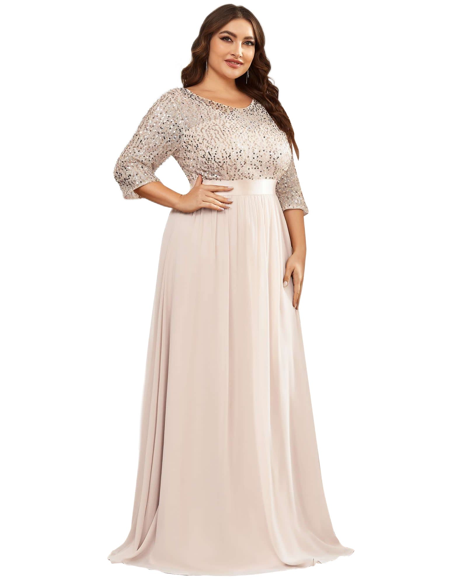 3/4 Sleeves Round Neck Evening Dress With Sequin Bodice | Blush
