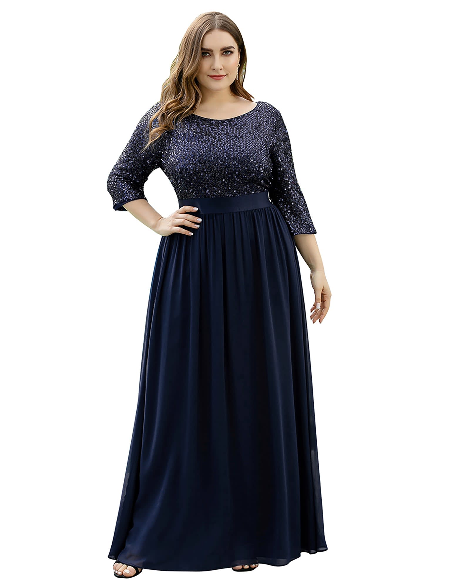 3/4 Sleeves Round Neck Evening Dress With Sequin Bodice | Navy Blue